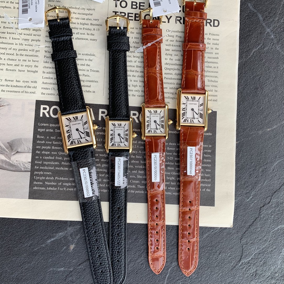 NO:390946,New original single Cartier tank small gold watch, large size 33.725.5. Small size 29.522 CARTIER-Tank watch family’s representative work!  Inspired by the tank shape at that time, it has been very popular since its launch, and has always been popular. The true classic is never out of date. The gold color is paired with brown and black straps. The case and button are thickly plated in 18k gold in the vacuum furnace, which will not fade, will not fade, and will not fade!  Match the inspection certificate of China's GTC authoritative organization, one form, one code, one item, one certificate, and support re-inspection!  The shell-shaped lines are made of all precious metals (all in gold). The exposed screws on both sides of the watch are also unique, and the bottom cover is also different. The new version of the bottom cover has 8 screws in total, which is more retro and textured!  The movement is equipped with Swiss original quartz movement, with accurate and zero error when walking, after-sales service. The crown is conical sapphire, large size with calendar display!  The diamond-shaped glass created by special craftsmanship shows a more concave layering. The Roman numerals on the disc, the track of the inner ring is used as a scale to identify the specific time. The pointer is made of blue steel sword needles, and the bead crown is inlaid with blue synthetic conical gems. The strap is imported crocodile leather and imported calf leather. Both are carefully selected leather. The color pattern is exactly the same as the original version. The watch life is waterproof 30 meters. If you are not satisfied, it supports return and exchange, and is equipped with a full set of counter packaging and shipment.,, cartier, cartier, cowhide, crocodile skin, gold19860909新款原单卡地亚坦克小金表 大号尺寸33.725.5.小号尺寸29.522 CARTIER-Tank腕表家族的代表作！灵感来源于当时的坦克造型,推出后一直备受欢迎,一直热门一直火,真正的经典永不过时.黄金色搭配棕色和黑色表带也是一绝 ,表壳和扣子采用真空炉内厚镀18k金,不会掉色不会掉色不会掉色！匹配中国GTC权威机构检测证书,一表一码 一物一证,支持复检！采用全贵金属打造（通体包金）壳形线条上更圆润和细腻,表两侧的外露螺丝设计也是别具一格,底盖也与往不同,新版底盖两排螺丝共8颗,更加复古有质感！机芯搭载瑞士原装石英机芯,走时精准零误差,零售后.表冠上偏圆锥形的蓝宝石,大号带日历显示！特殊工艺打造的菱形玻璃更凹显层次感.盘面罗马数字时标,内圈的轨道作为识别具体时间的刻度,指针采用蓝钢剑针,圆珠型表冠上面镶嵌着蓝色合成圆锥宝石.表带采用进口鳄鱼皮和进口小牛皮.都是经过精挑细选的皮质 颜色纹路同原版一模一样,手表生活防水30米.不满意支持退换,配全套专柜包装出货.,,cartier,cartier,cowhide,crocodile skin,gold,Watch