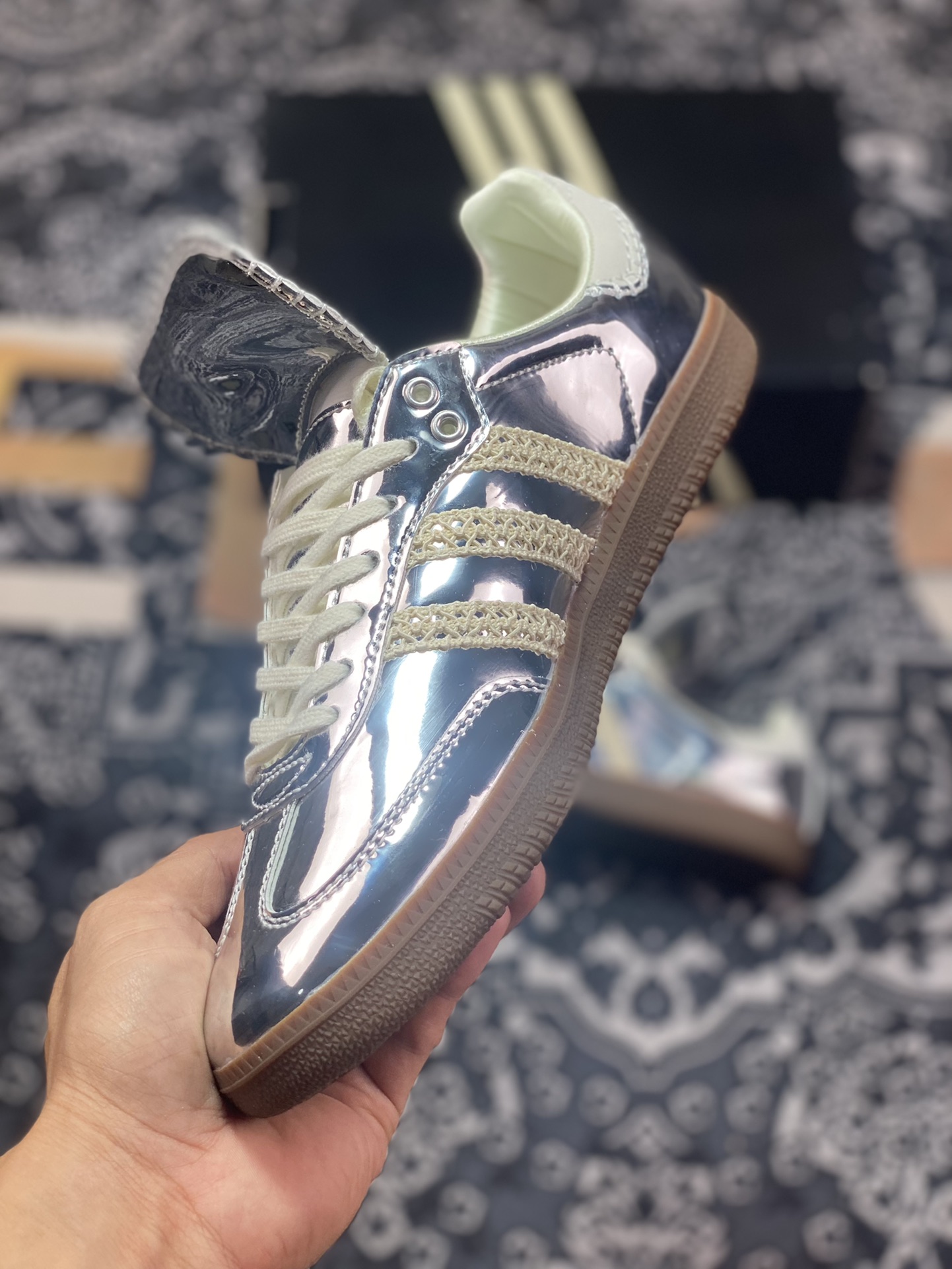 Wales Bonner x Adidas Originals Samba Classic ”Silver Metallic” Samba Sneakers ”Mirror Silver Beige Caramel Sole” IG8181