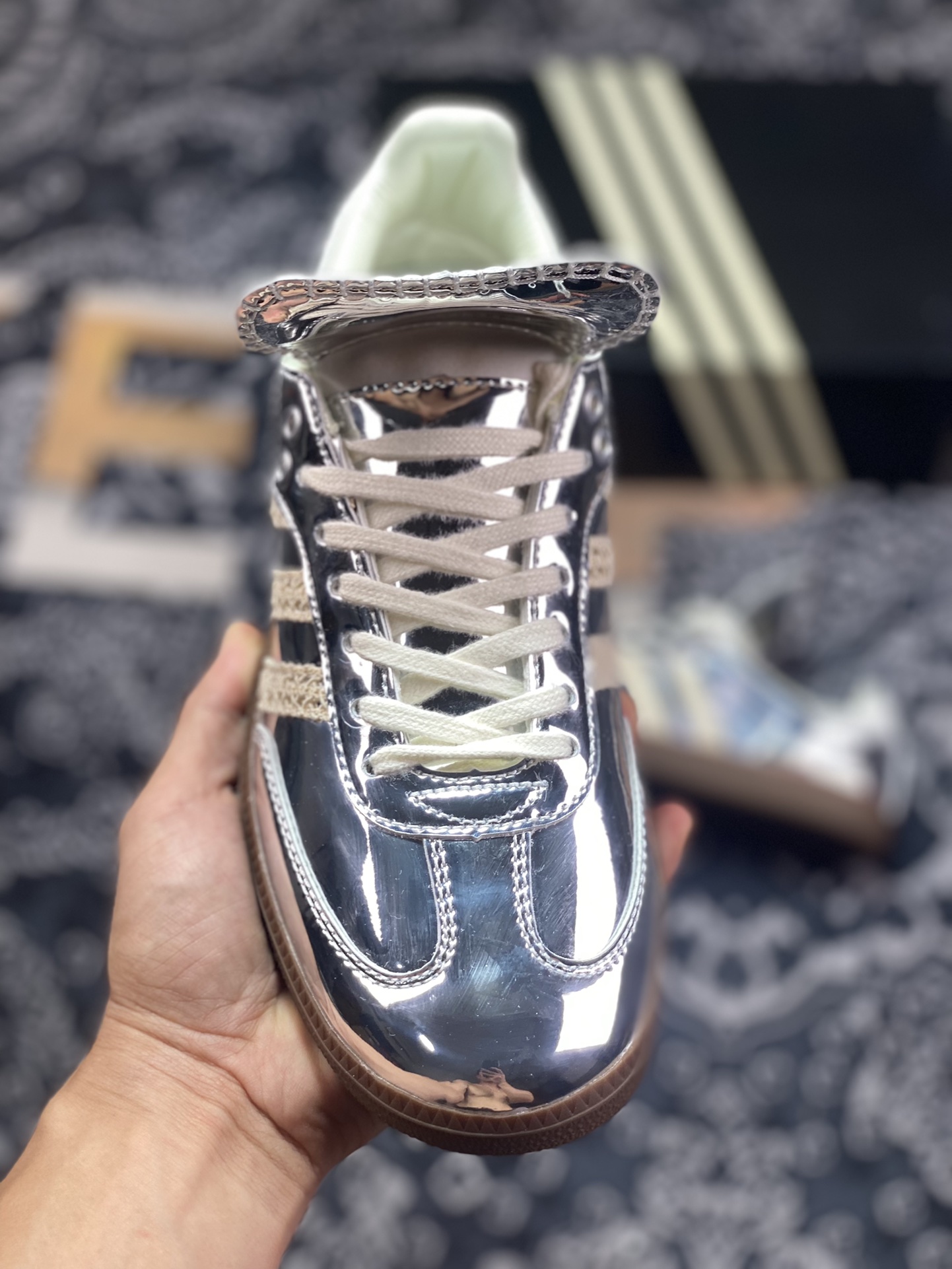 Wales Bonner x Adidas Originals Samba Classic ”Silver Metallic” Samba Sneakers ”Mirror Silver Beige Caramel Sole” IG8181