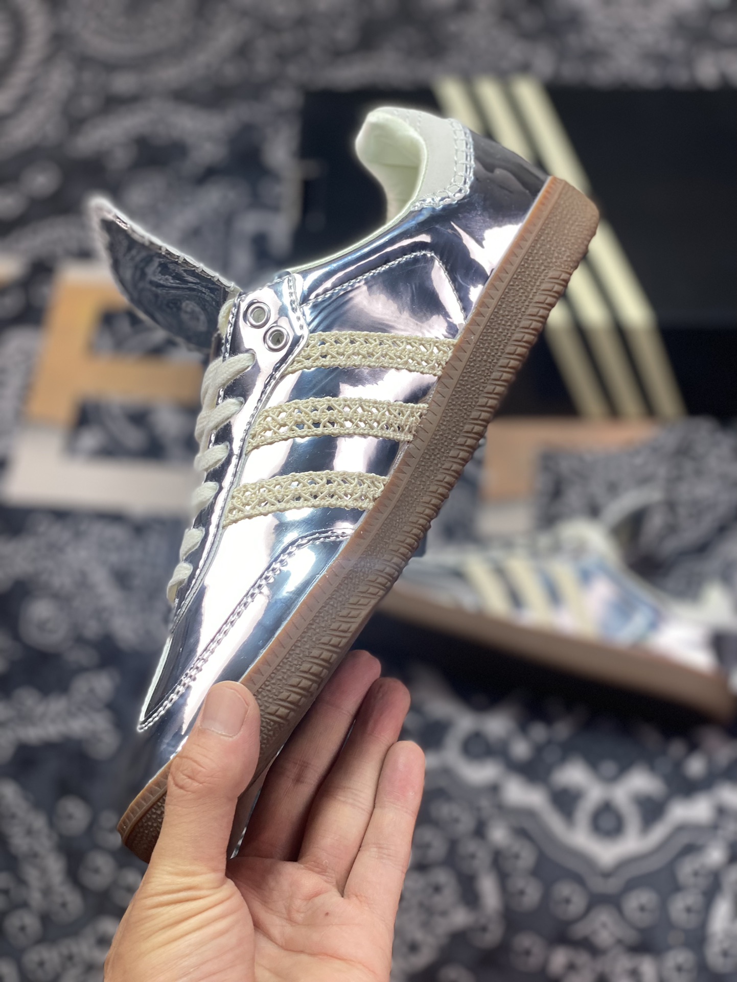 Wales Bonner x Adidas Originals Samba Classic ”Silver Metallic” Samba Sneakers ”Mirror Silver Beige Caramel Sole” IG8181