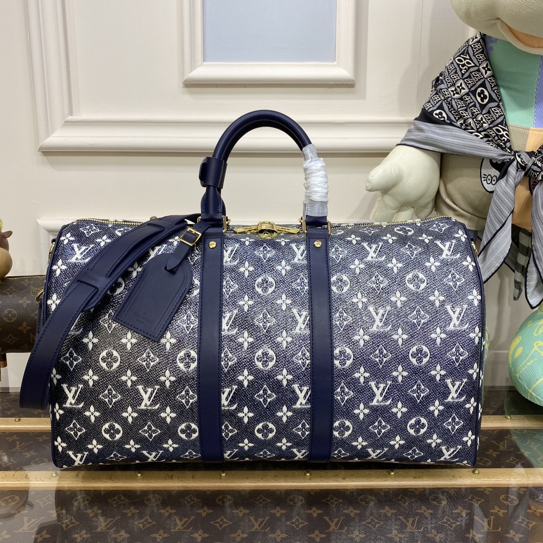 Louis Vuitton LV Keepall Travel Bags Blue Embroidery Canvas Cotton M22923
