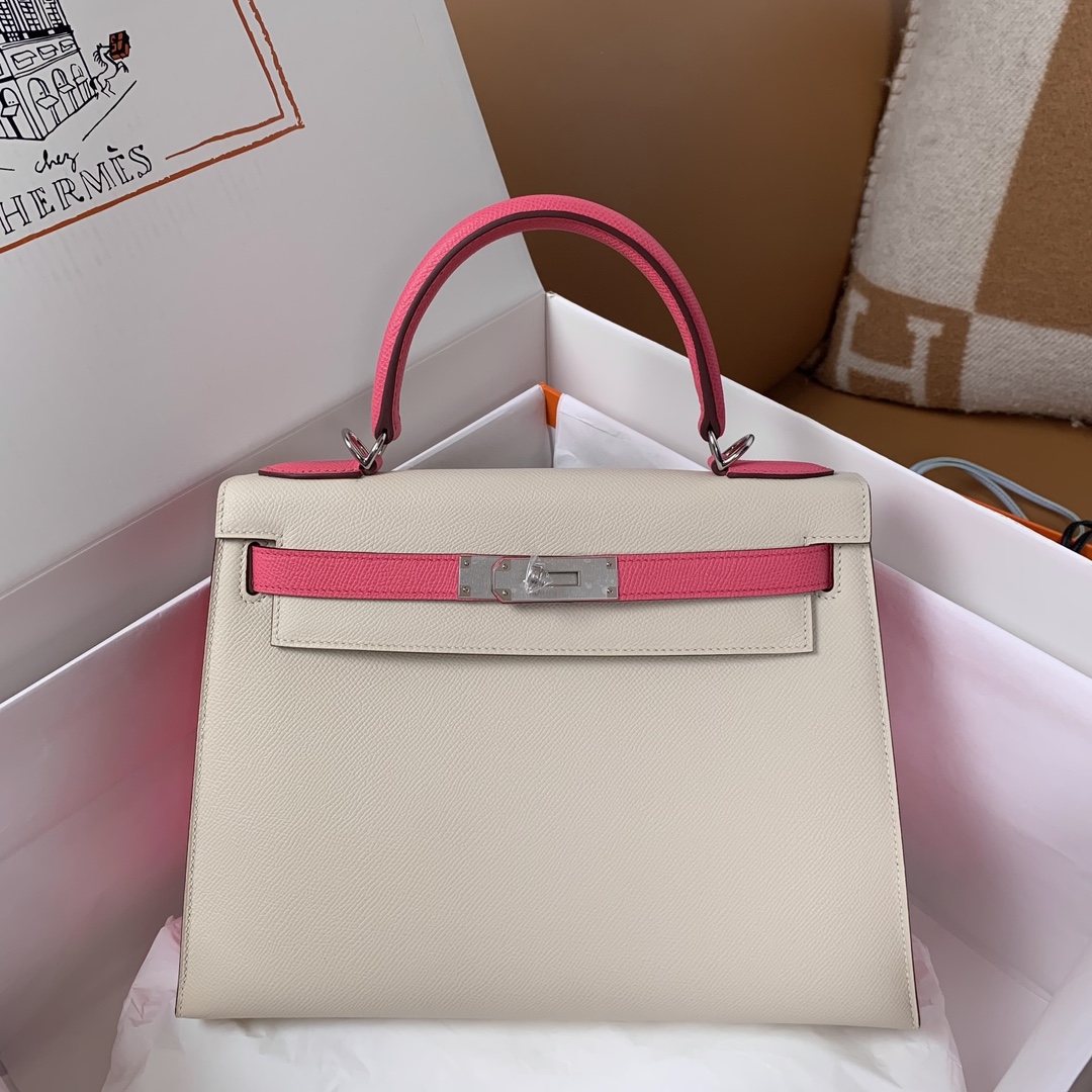 Hermes Kelly Handbags Crossbody & Shoulder Bags Outlet Sale Store
 Dark Pink Milkshake White Silver Hardware Epsom