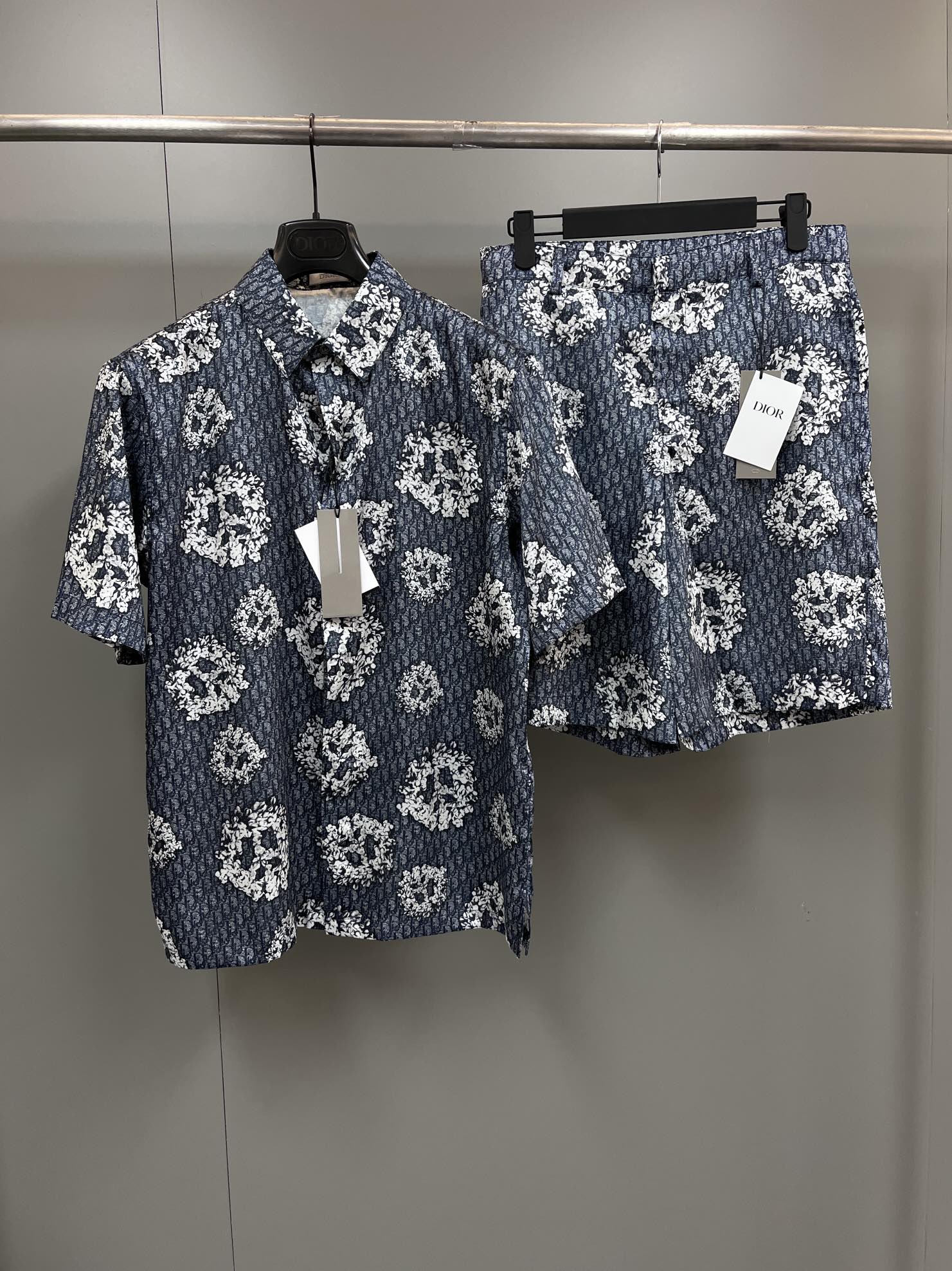 Dior Clothing Shirts & Blouses Shorts Two Piece Outfits & Matching Sets Blue Printing Cotton Polyester Silk Fall Collection Oblique Short Sleeve
