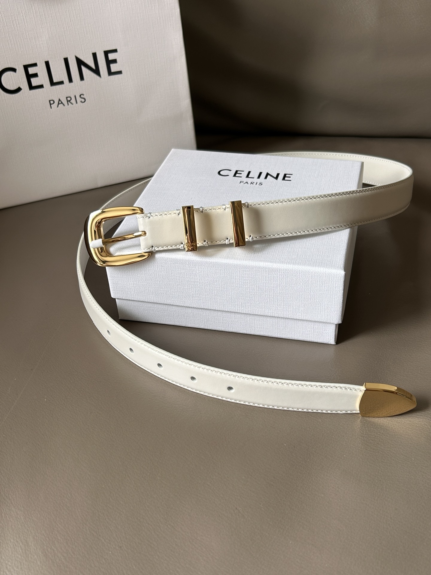 Celine Women’s Double-Sided Calf Skin Belt with Metal Rings and Tip