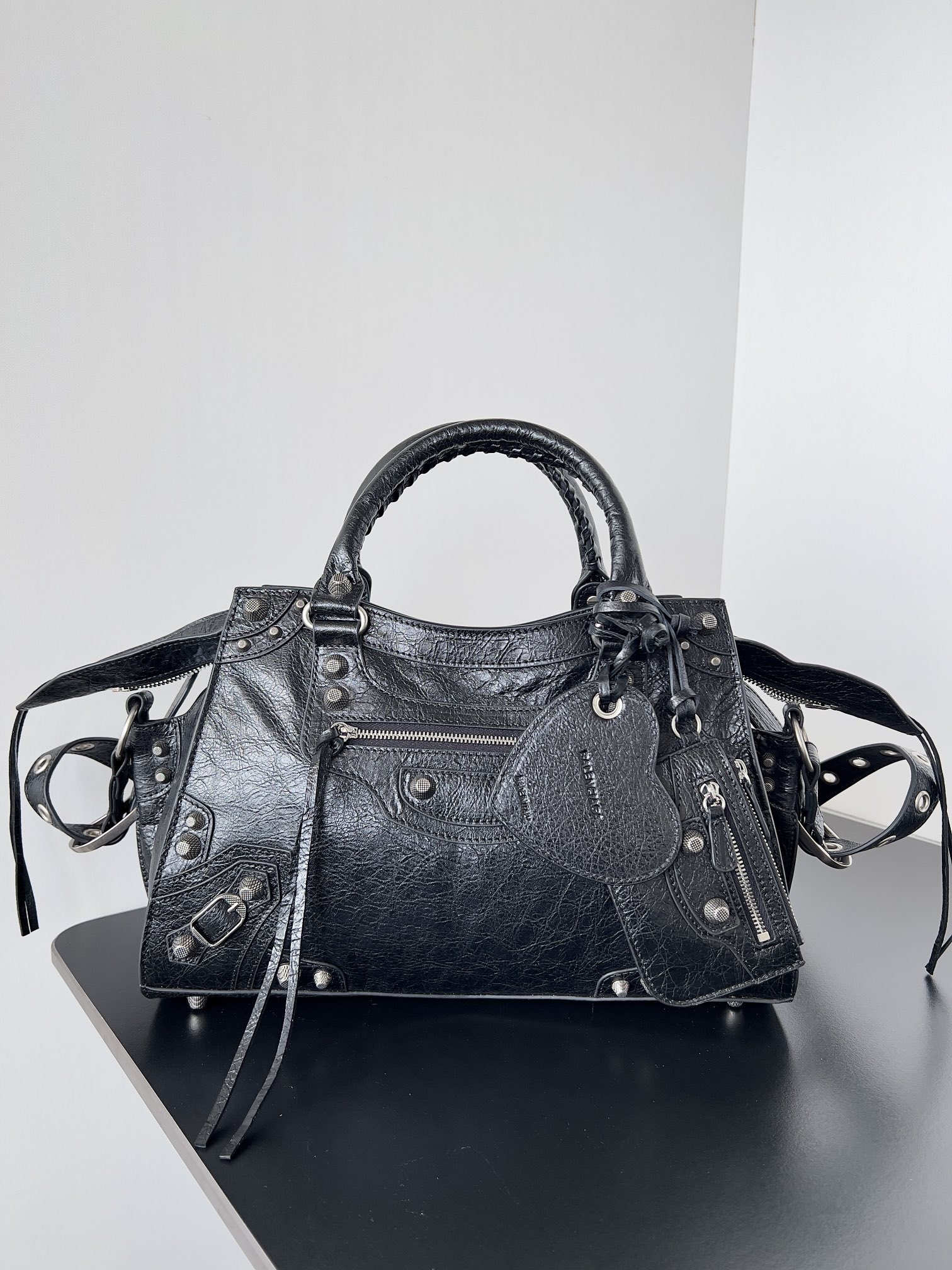 Balenciaga Motorcycle Bag Cracked Lambskin Studded Fringe Handbag