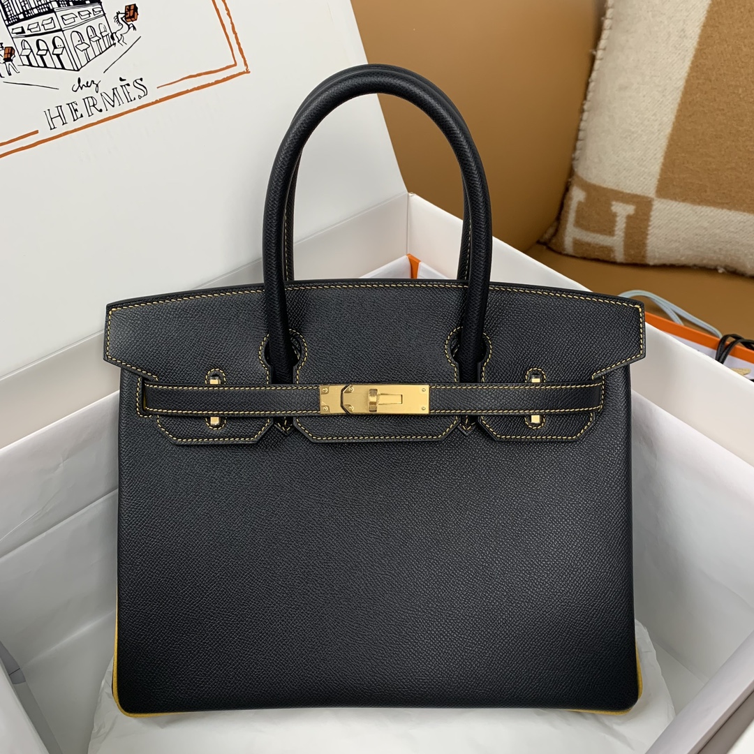 Hermes Birkin Bags Handbags Black Yellow Gold Hardware Epsom Frosted