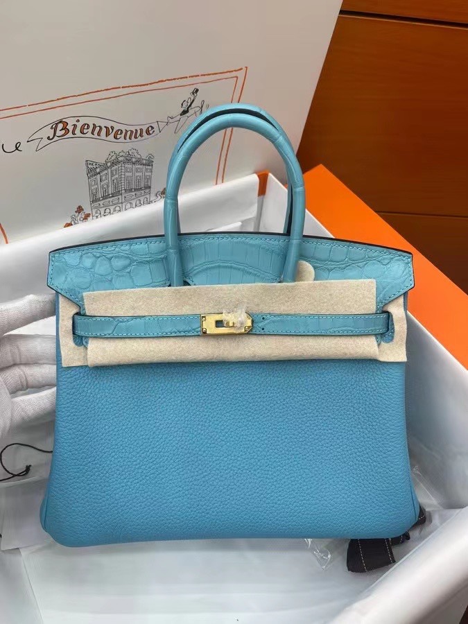 Hermes Birkin Bags Handbags Blue Gold Hardware Crocodile Leather Silk