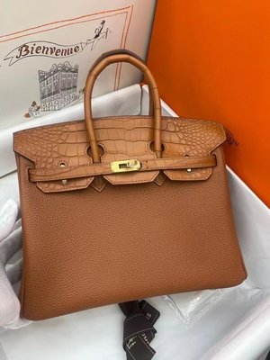 Hermes Birkin Bags Handbags Replica 1:1 High Quality Brown Coffee Color Gold Hardware Crocodile Leather Silk