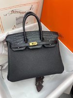 Hermes Birkin Bags Handbags Black Gold Hardware Crocodile Leather Silk