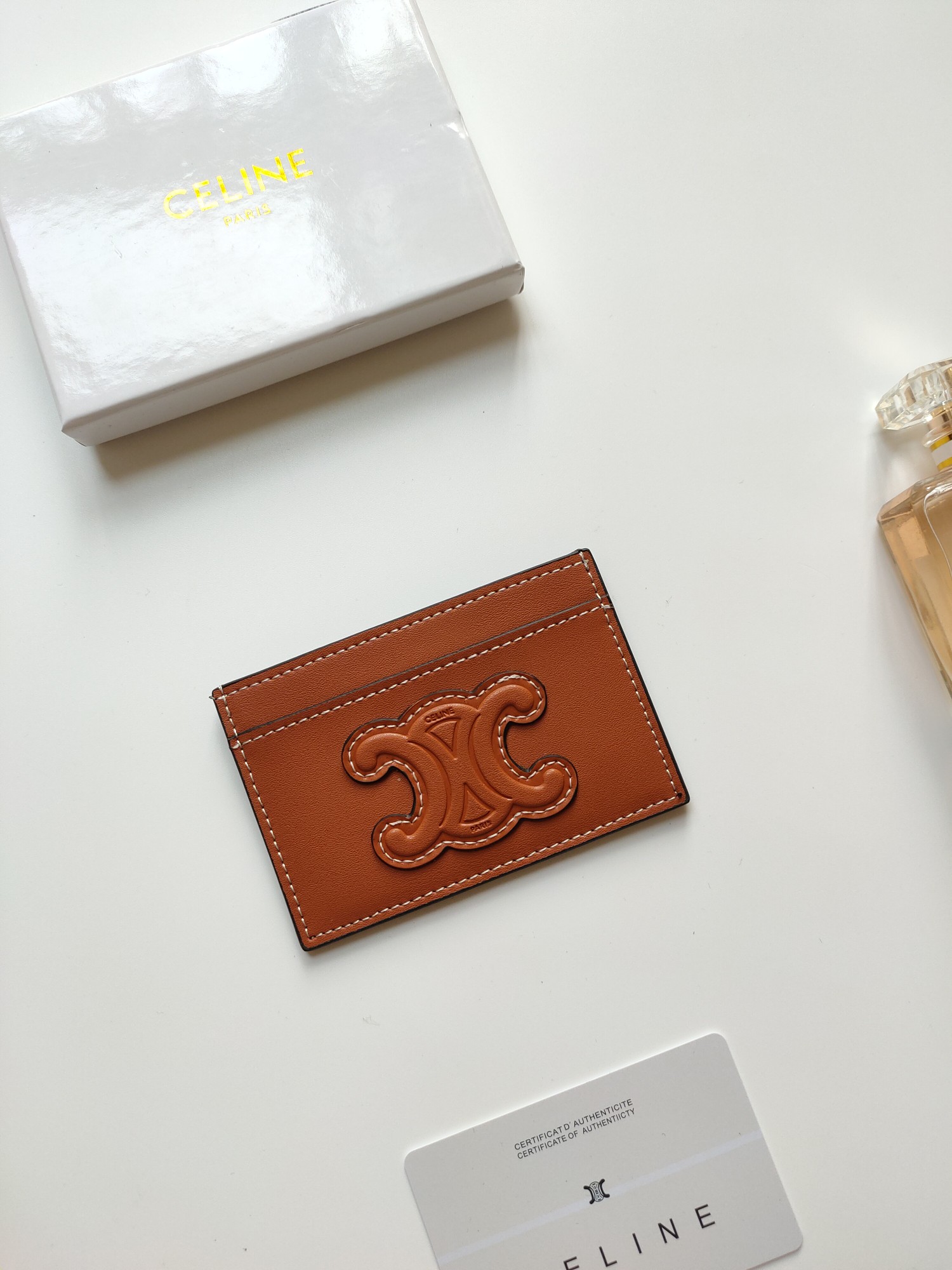 Celine Triomphe card holder tan smooth calfskin leather with white contrast stitching 10 5 x 7cm