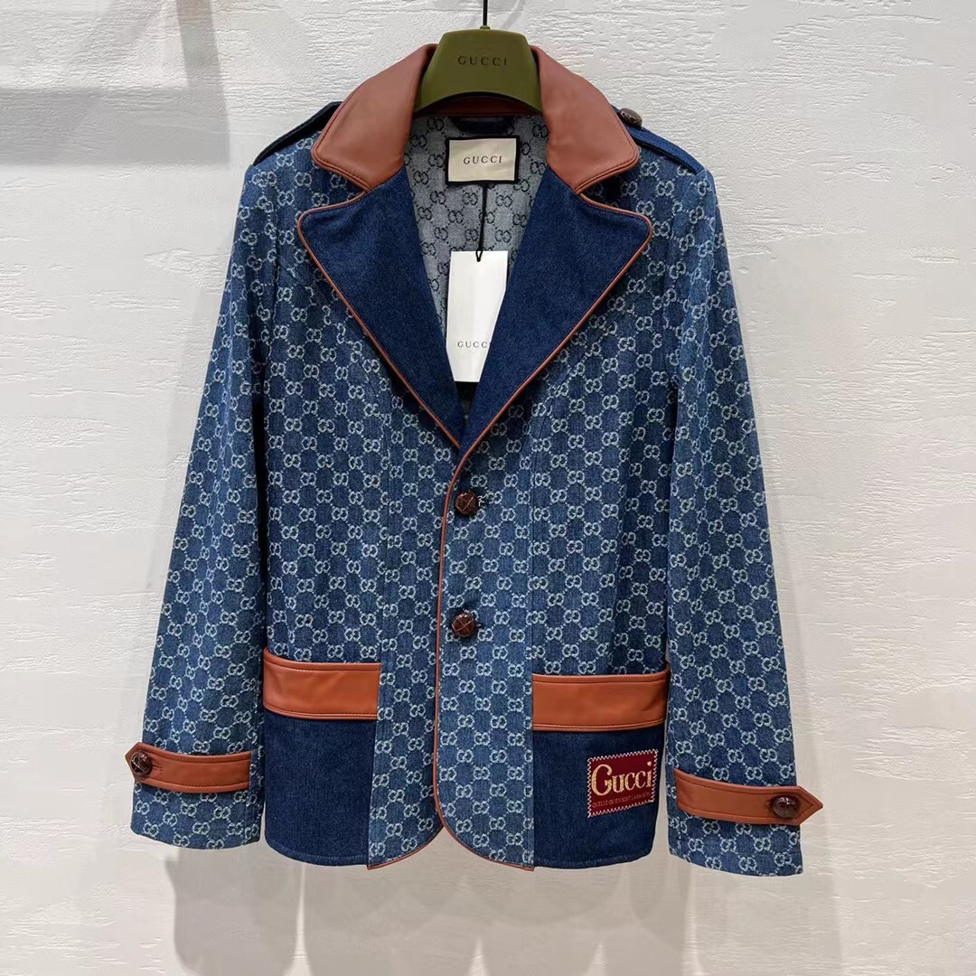 Gucci Jakość lustra
 Odzież Płaszcze & kurtki Niebieski Łączenie Denim Skóra owcza Wiosenna kolekcja Vintage