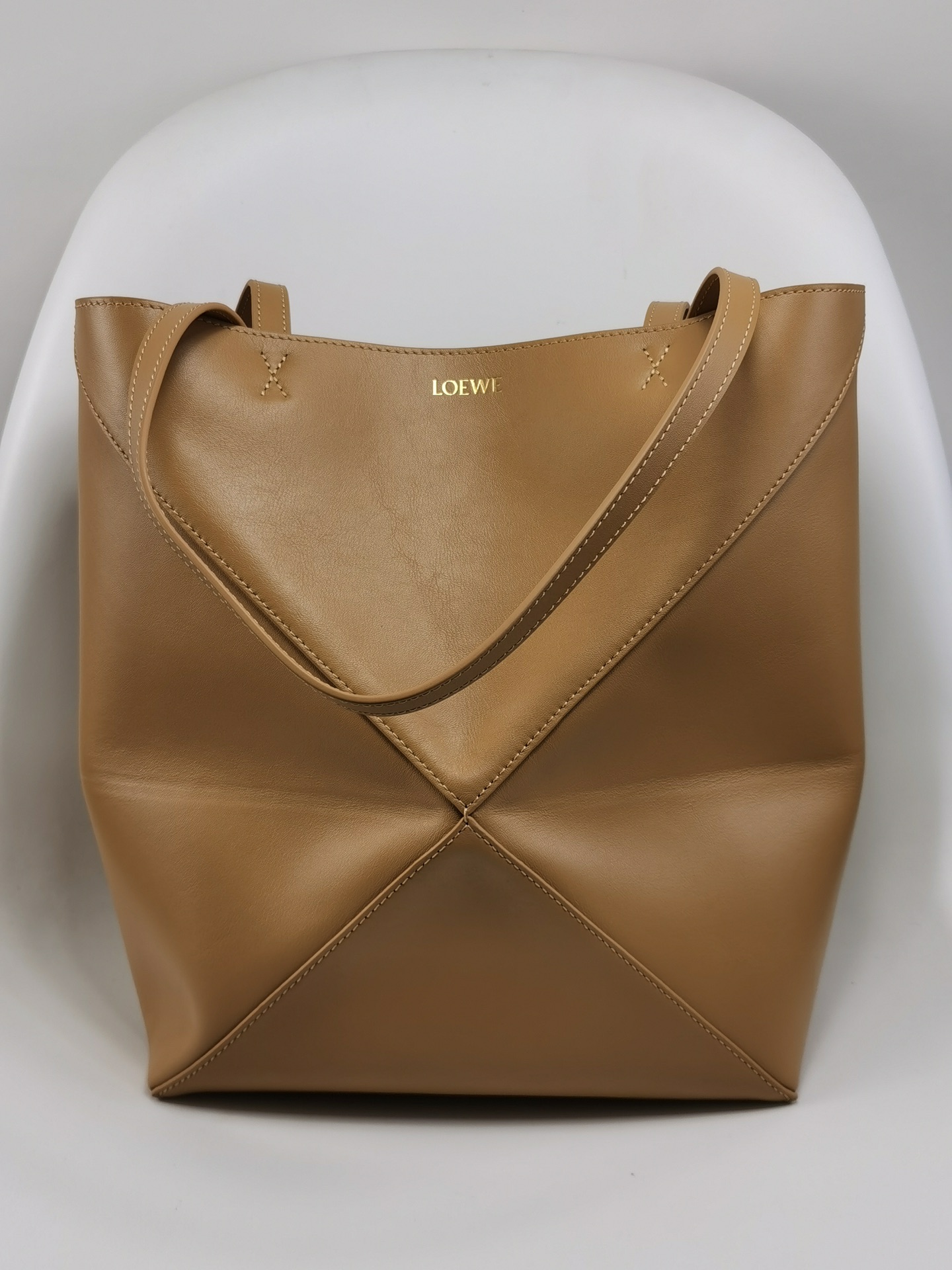 Loewe Puzzle Fold Small Tote Bag in Shiny Calfskin Leather, Tan 3 i1691048322 1771 2