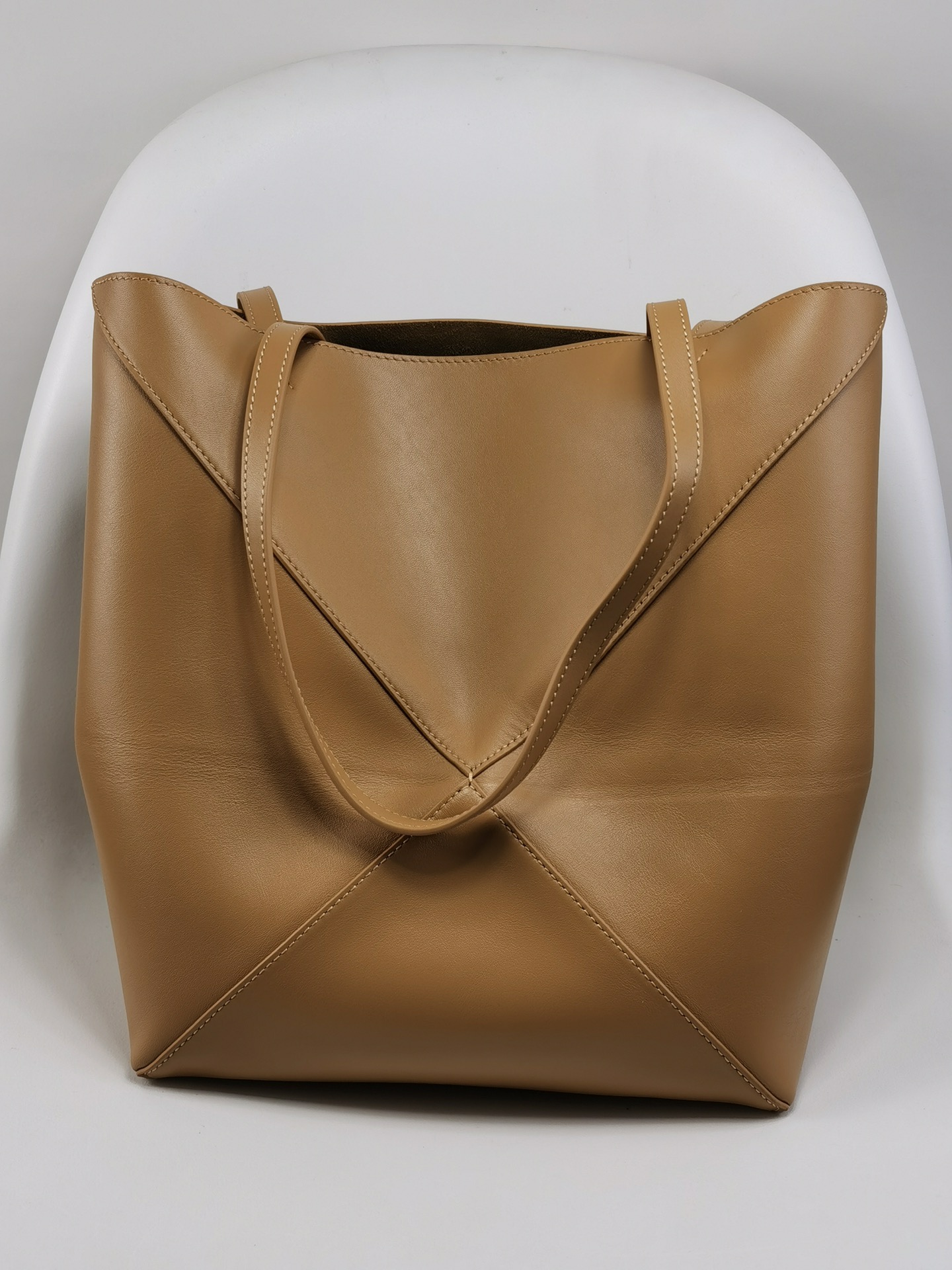 Loewe Puzzle Fold Small Tote Bag in Shiny Calfskin Leather, Tan 5 i1691048322 3099 4