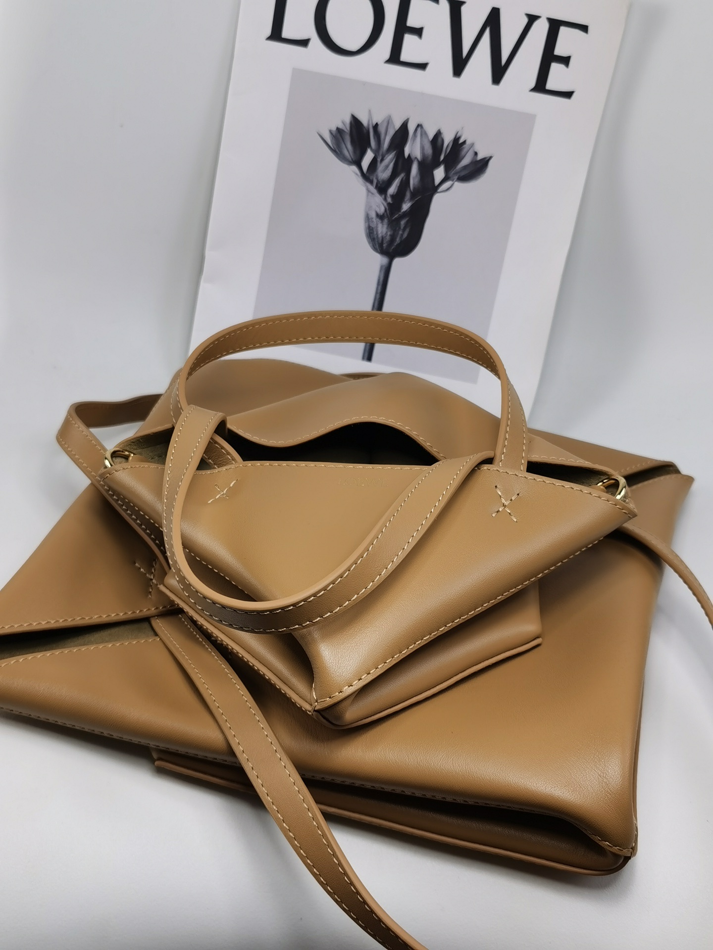 Loewe Puzzle Fold Small Tote Bag in Shiny Calfskin Leather, Tan 7 i1691048322 8127 1