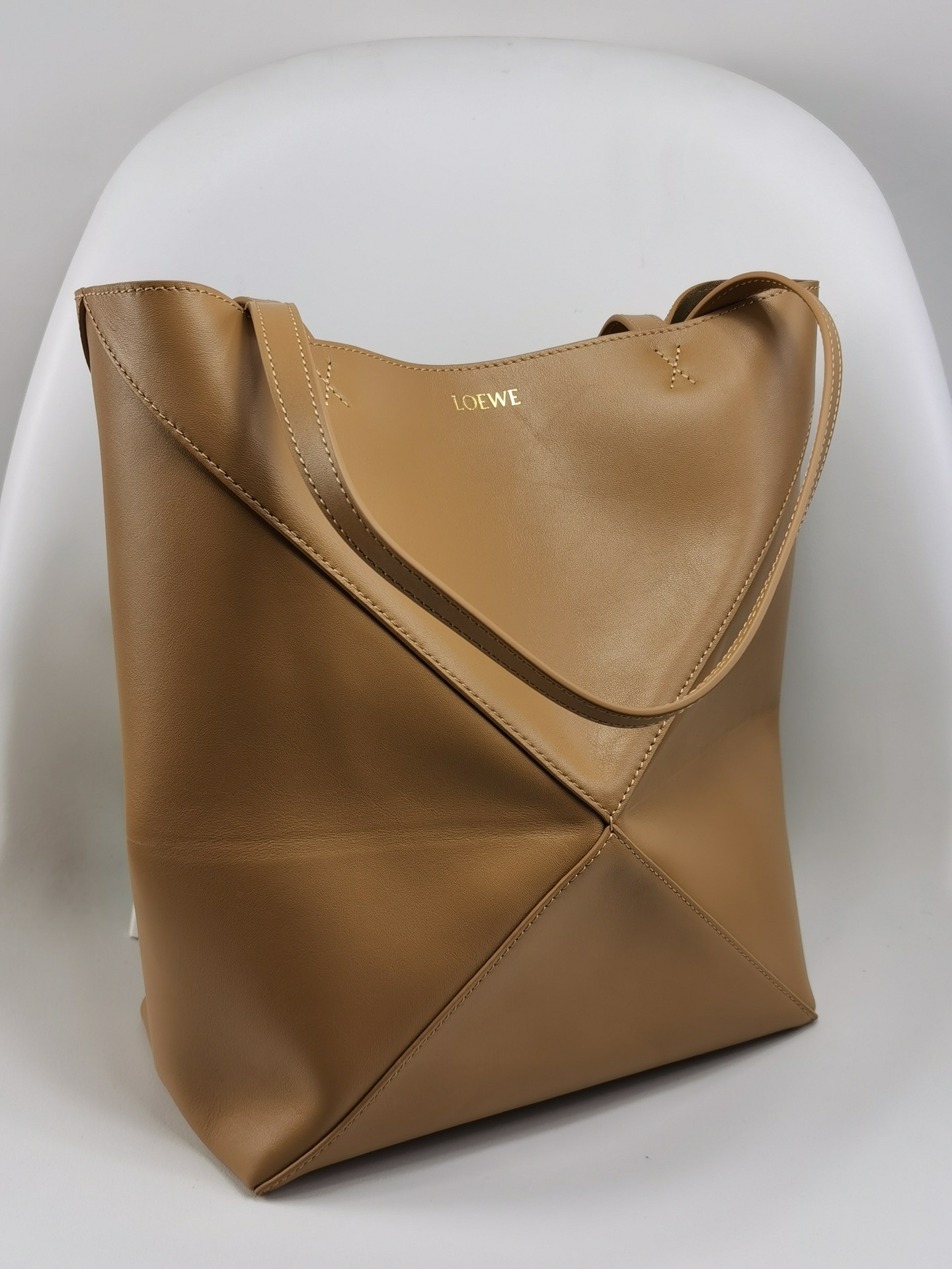 Loewe Puzzle Fold Small Tote Bag in Shiny Calfskin Leather, Tan 4 i1691048322 9389 3