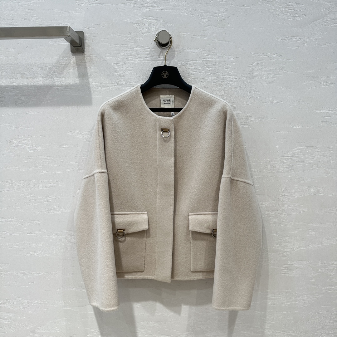 Hermes Clothing Coats & Jackets White Splicing Cashmere Genuine Leather Fall/Winter Collection