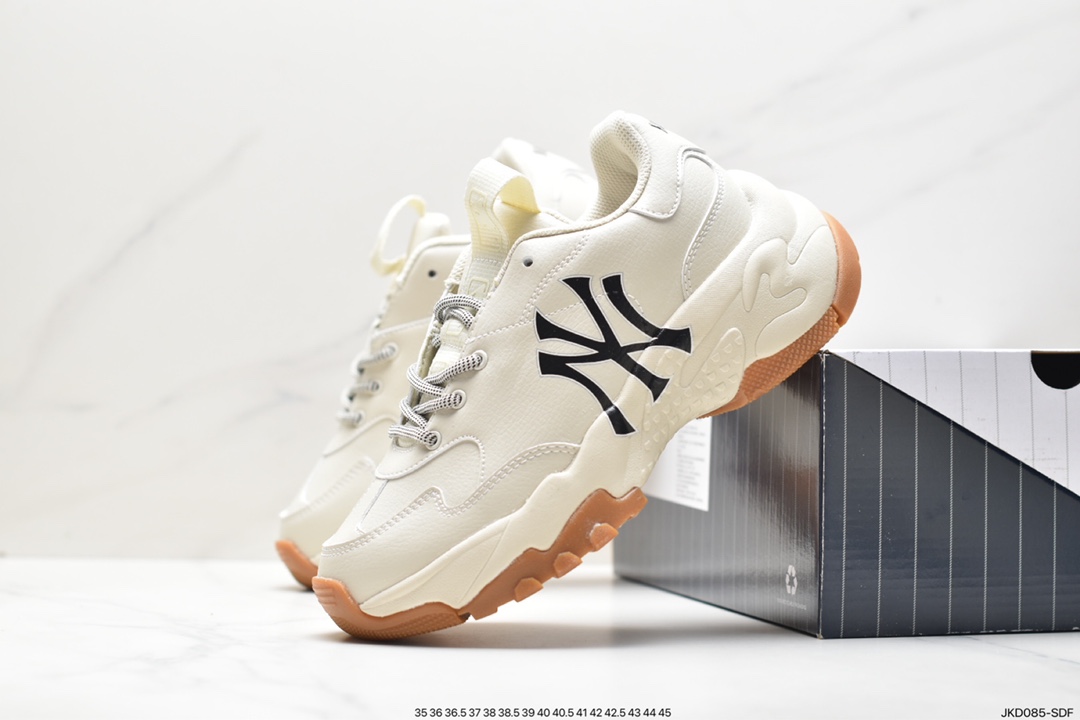 Korea Limited Release NY Yankees Limited x MLB Big Ball Chunky Mesh Thick-soled Running Shoes ”Mesh Ivory Black NY Print” 3ASHBNA3N (GP007)