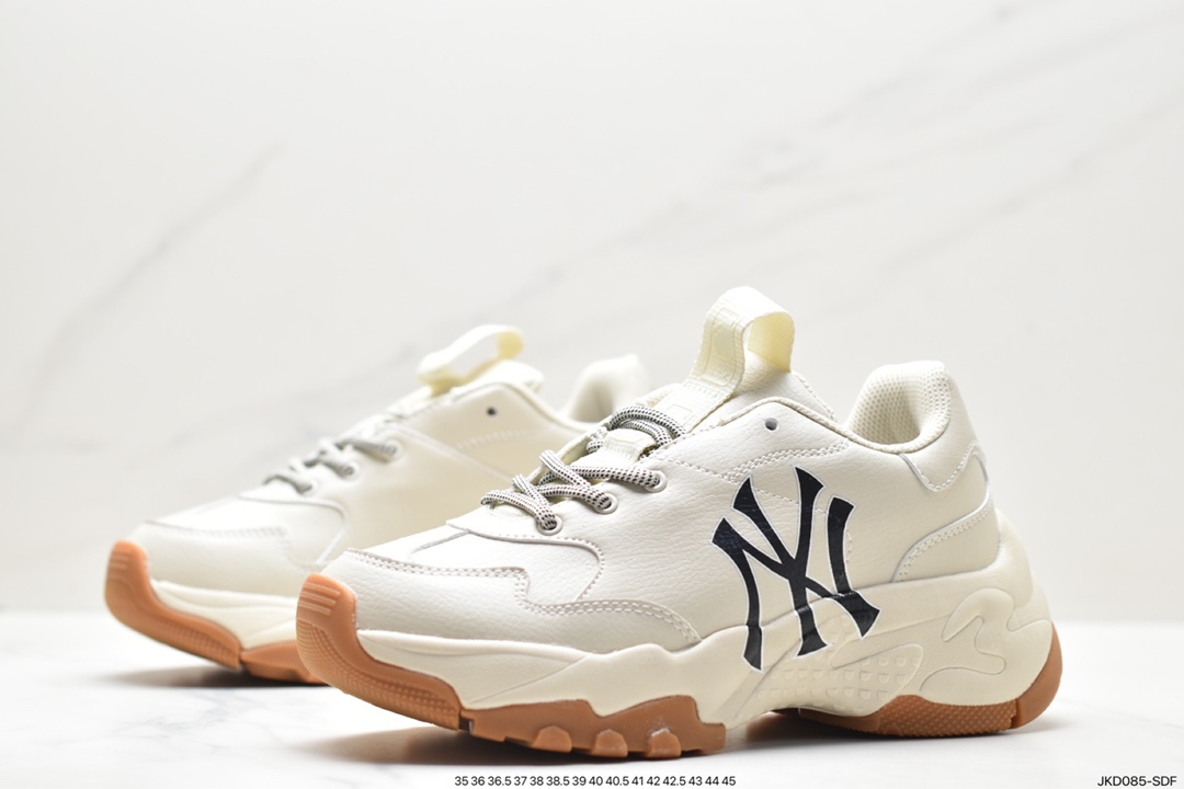 Korea Limited Release NY Yankees Limited x MLB Big Ball Chunky Mesh Thick-soled Running Shoes ”Mesh Ivory Black NY Print” 3ASHBNA3N (GP007)