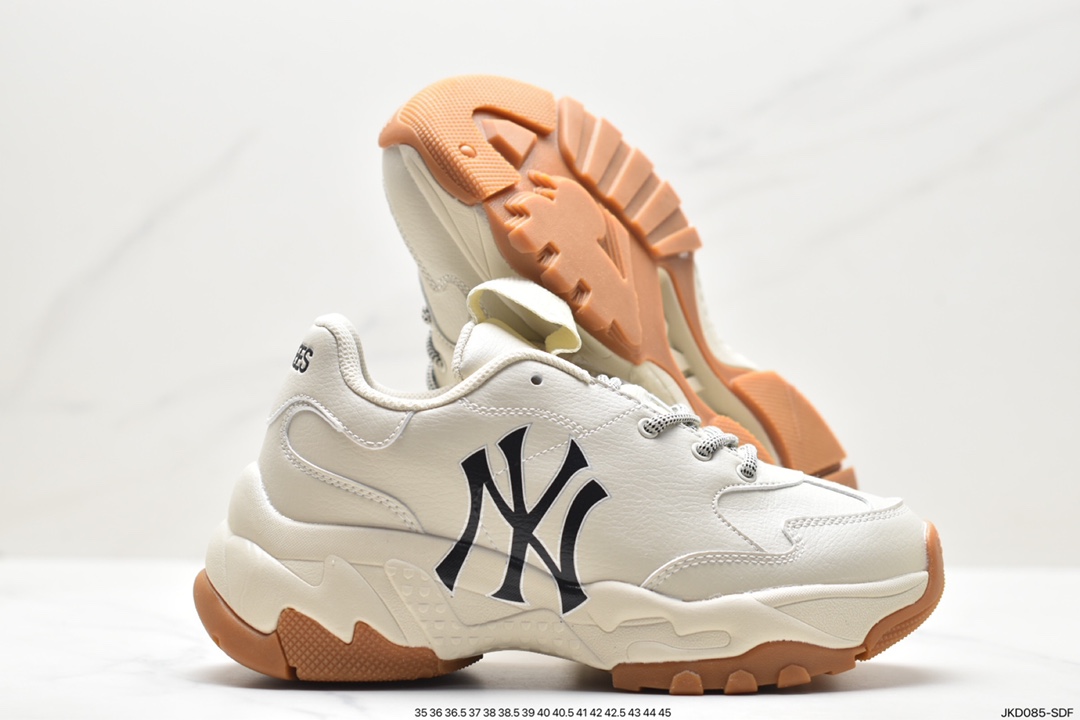 Korea Limited Release NY Yankees Limited x MLB Big Ball Chunky Mesh Thick-soled Running Shoes ”Mesh Ivory Black NY Print” 3ASHBNA3N (GP007)