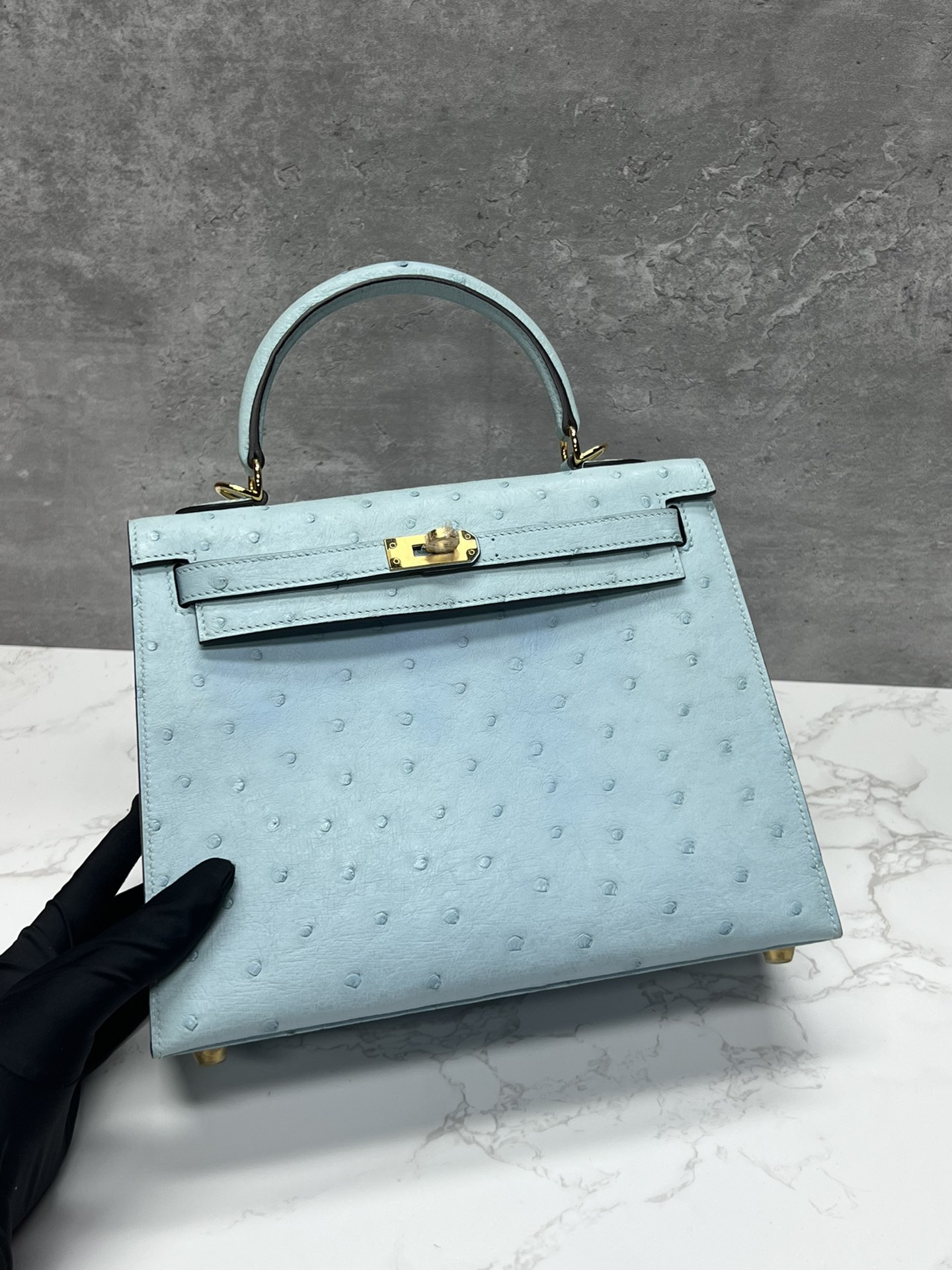Kelly 25, azul brisa... piel de avestruz