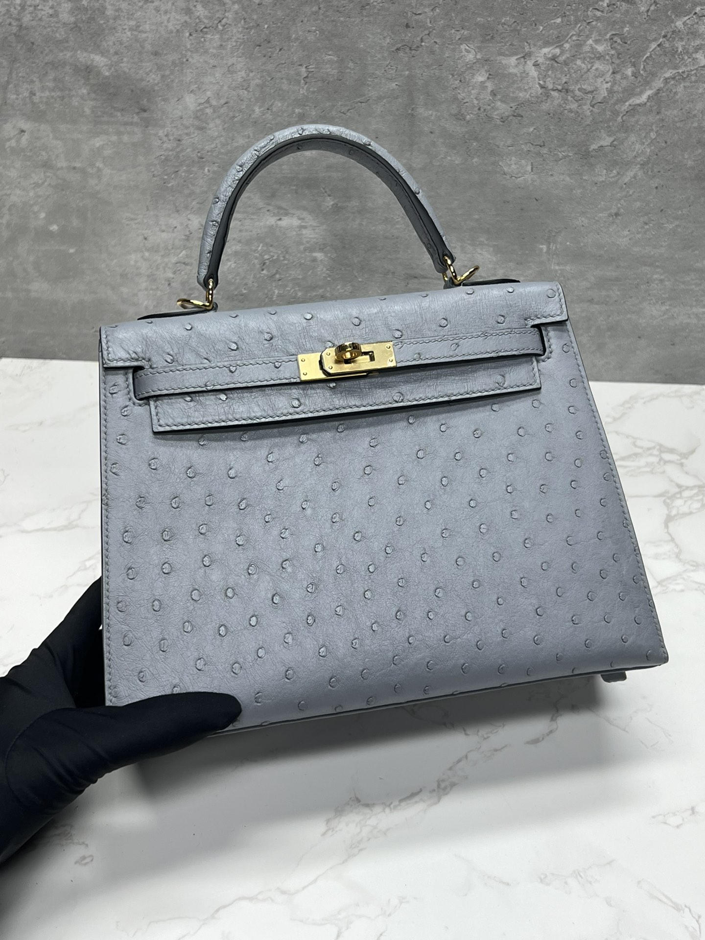 Kelly 25, gris azulado... piel de avestruz