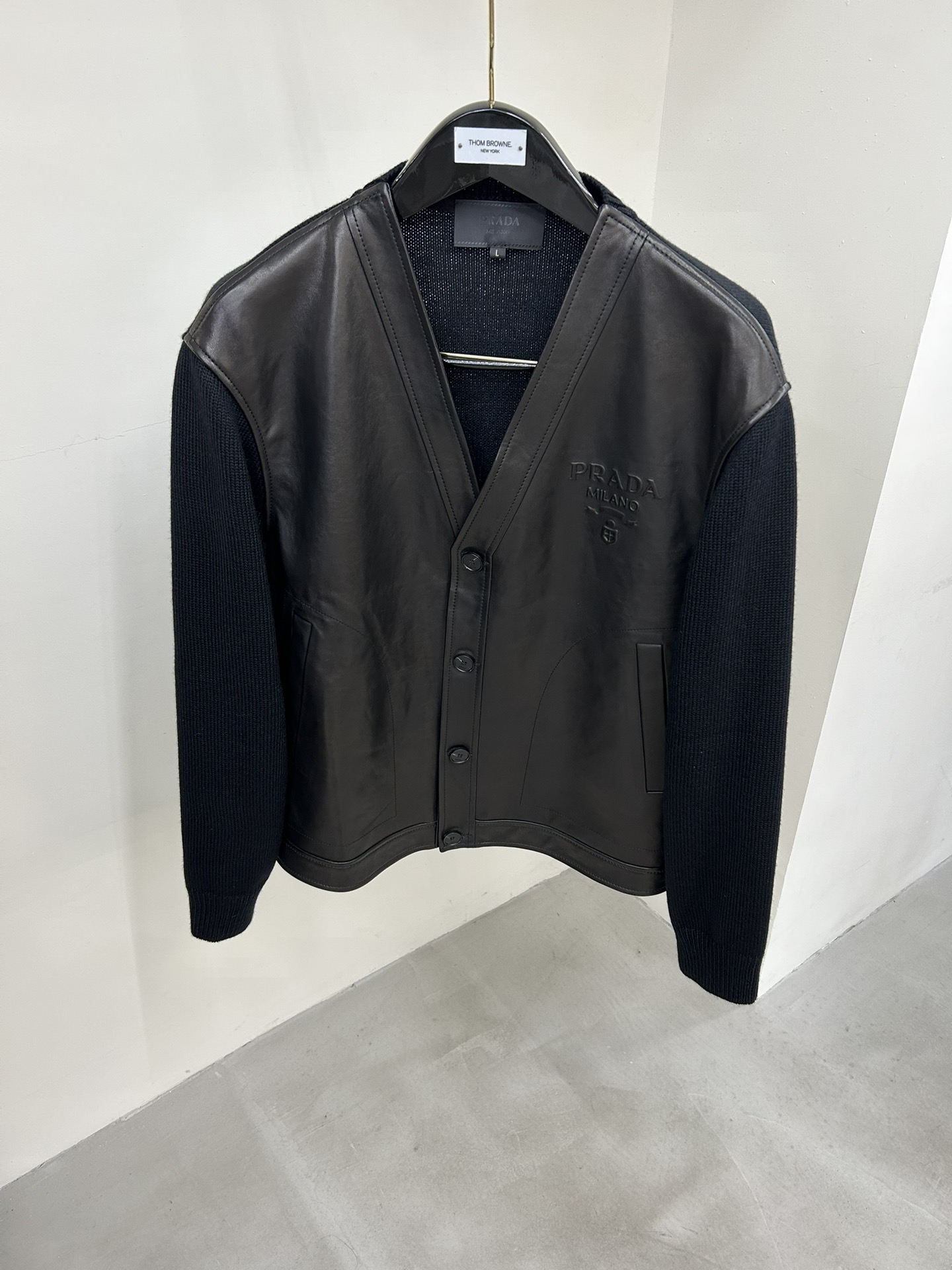 Prada Leather Knit Spliced Cardigan Jacket