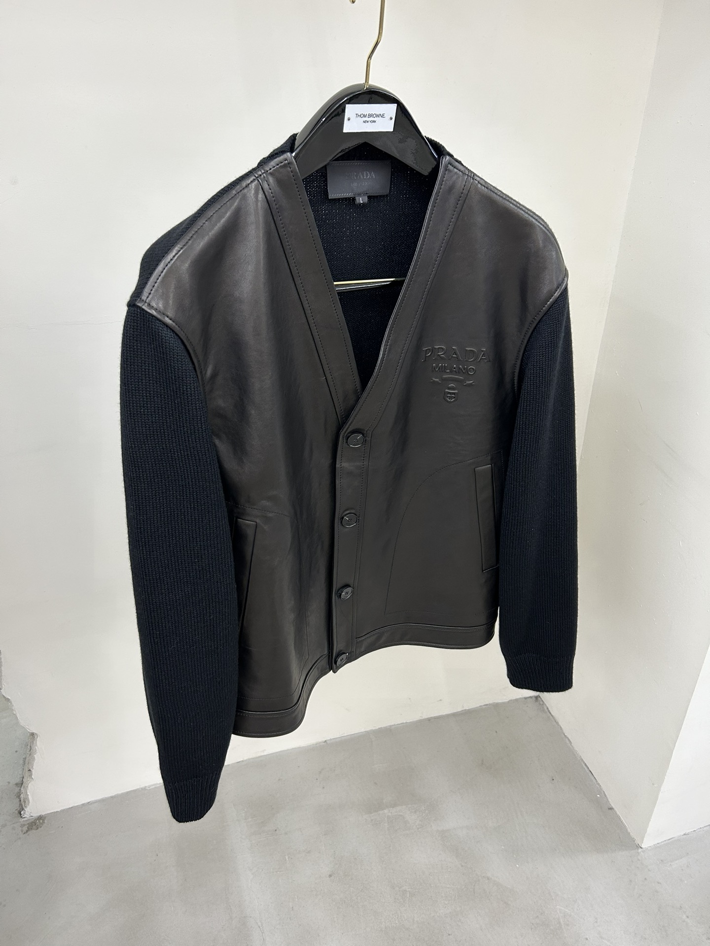 Prada Leather Knit Spliced Cardigan Jacket