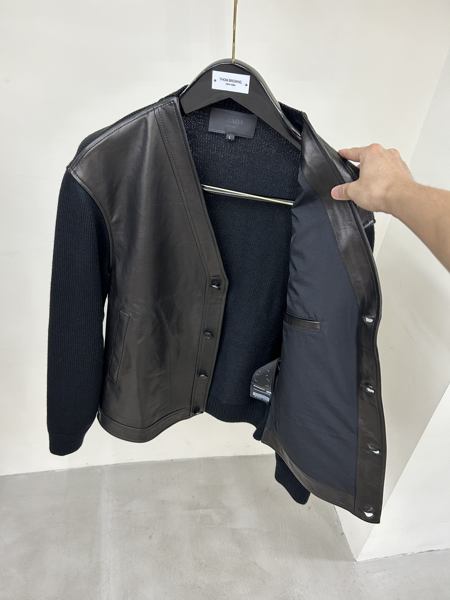 Prada Leather Knit Spliced Cardigan Jacket