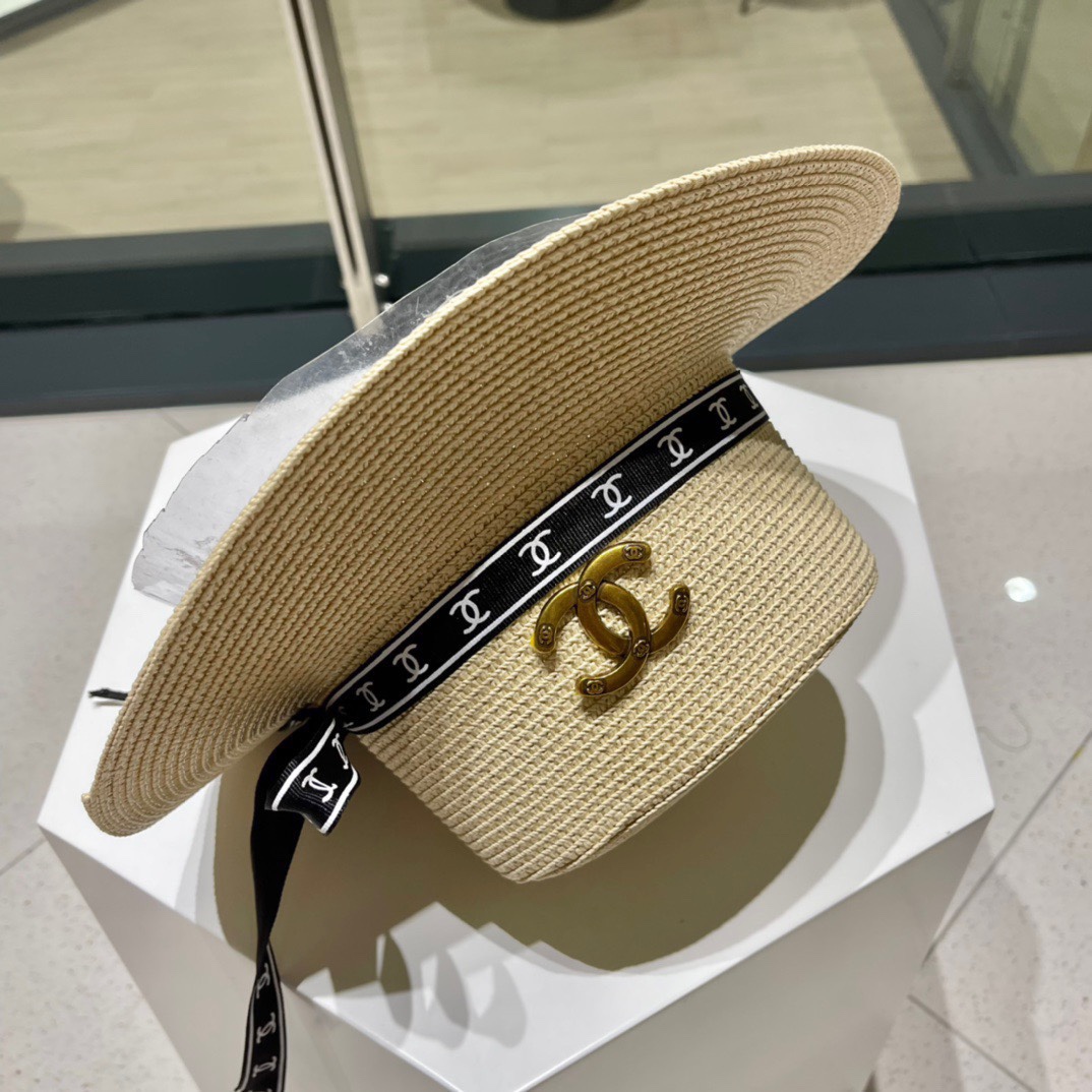  Chanel香奈儿平顶帽，太阳草帽，名媛风，头围57cm