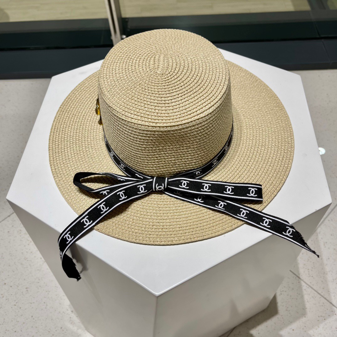  Chanel香奈儿平顶帽，太阳草帽，名媛风，头围57cm