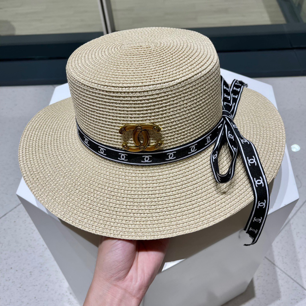  Chanel香奈儿平顶帽，太阳草帽，名媛风，头围57cm