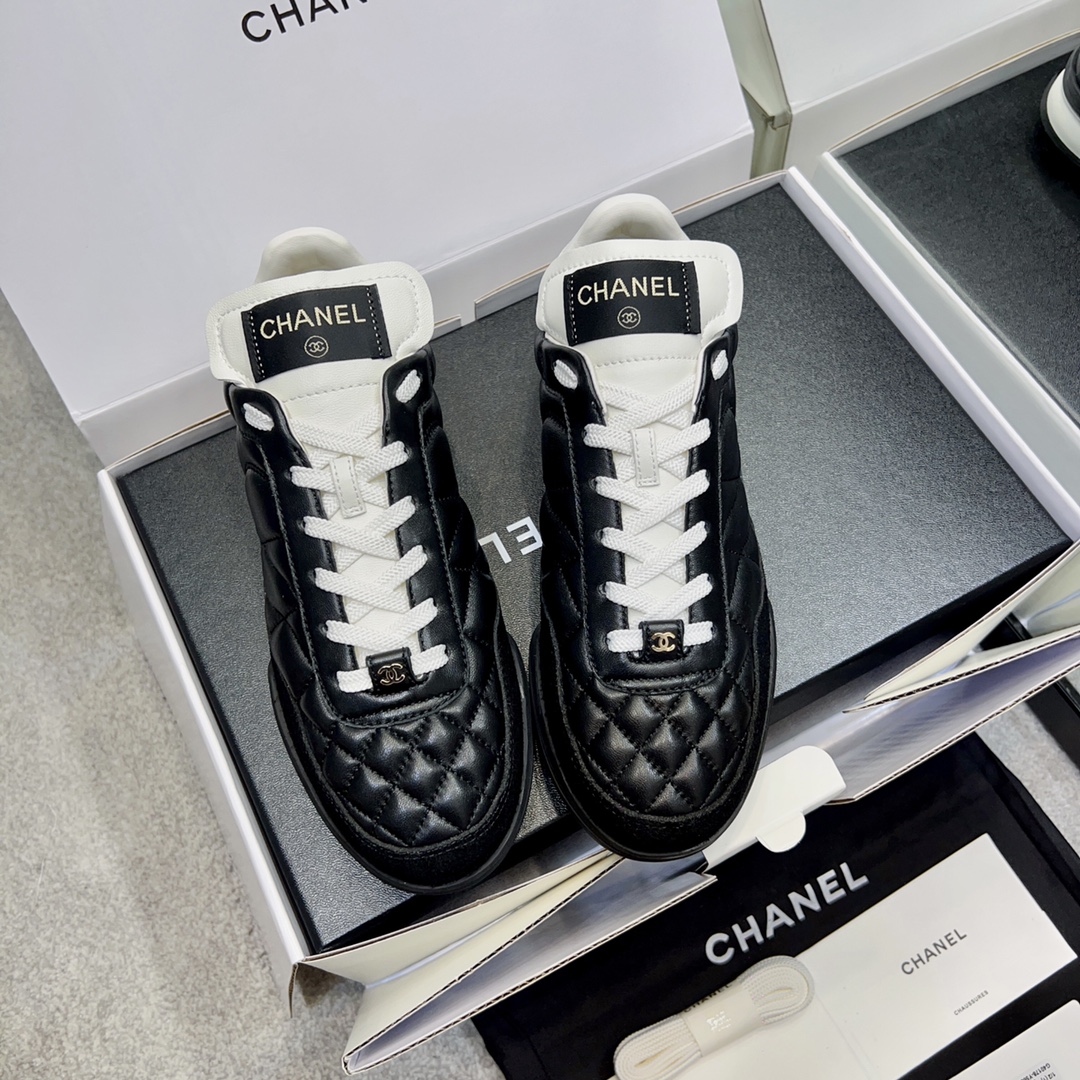 Chanel Shoes Sneakers Black White PU Sheepskin TPU Vintage