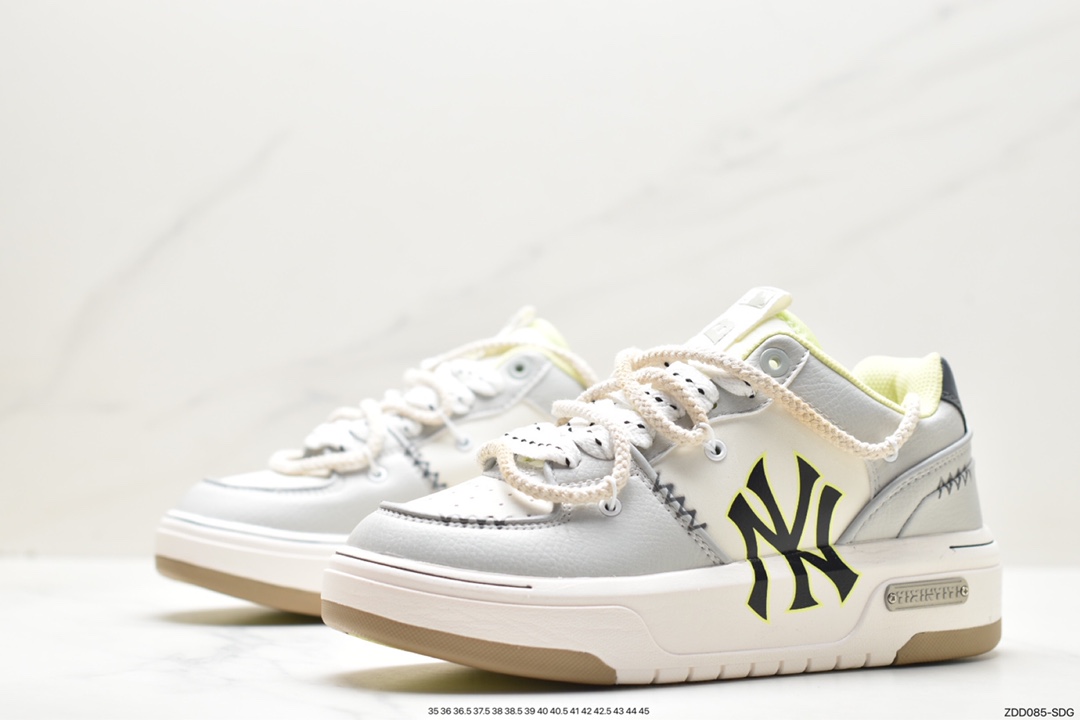 MLB Chunky Liner New York Yankees Senior Shoes Series Low-top Daddy Style Lightweight Height-enhanced Thick-soled All-match Casual Sports Jogging Shoes ”Leather White and Black NY Print” 3ASXCA12N (C0009)