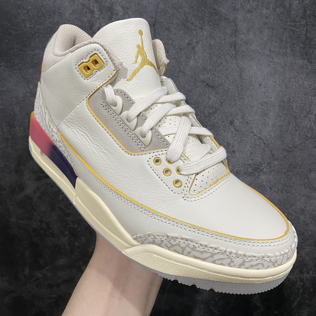 图片[3]-【X版纯原】J.Balvin x Air Jordan 3 Retro AJ3 乔3彩虹渐变 FN0344-901nn配置印面PVC加固外壳包装!n原楦原纸版数据开发 采用软质纳帕纹头层皮革组合爆裂压纹头层皮鞋面材质 鞋垫配置欧索莱去臭除味物料 缜密定位拉帮及注胶效果中底PU内嵌开窗式Air缓震气垫 顶级品质 市场第一梯队产物💪🏻n鞋身以米白色皮革覆盖，搭配经典的灰白色爆裂纹设计。中底与后跟部分均带有\”彩虹渐变\”效果，后跟分别以元年Nike AIR以及笑脸Logo呈现，彰显联名身份。 尺码：40 40.5 41 42 42.5 43 44 44.5 45 46 47.5-莆田鞋批发中心