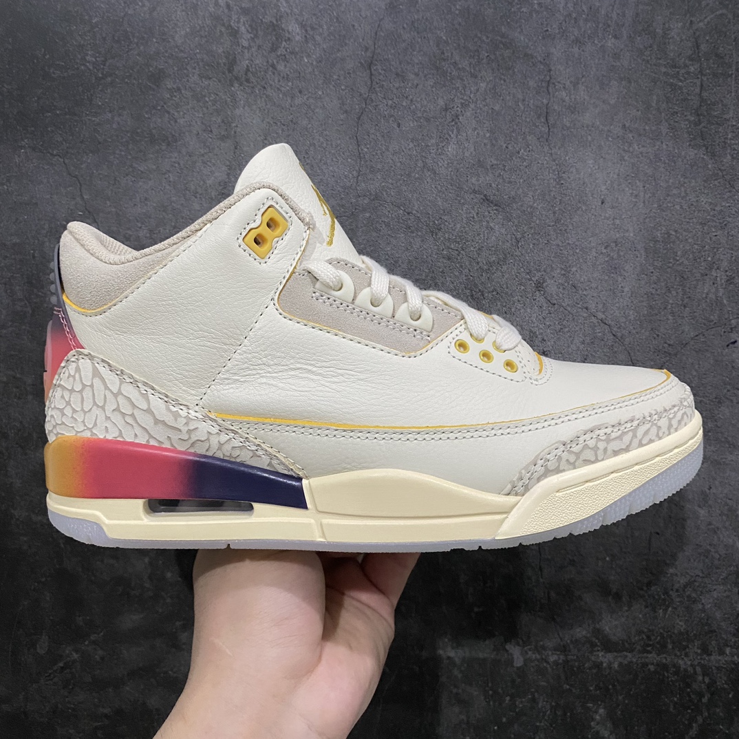 【X版纯原】J.Balvin x Air Jordan 3 Retro AJ3 乔3彩虹渐变 FN0344-901nn配置印面PVC加固外壳包装!n原楦原纸版数据开发 采用软质纳帕纹头层皮革组合爆裂压纹头层皮鞋面材质 鞋垫配置欧索莱去臭除味物料 缜密定位拉帮及注胶效果中底PU内嵌开窗式Air缓震气垫 顶级品质 市场第一梯队产物💪🏻n鞋身以米白色皮革覆盖，搭配经典的灰白色爆裂纹设计。中底与后跟部分均带有\”彩虹渐变\”效果，后跟分别以元年Nike AIR以及笑脸Logo呈现，彰显联名身份。 尺码：40 40.5 41 42 42.5 43 44 44.5 45 46 47.5-莆田鞋批发中心