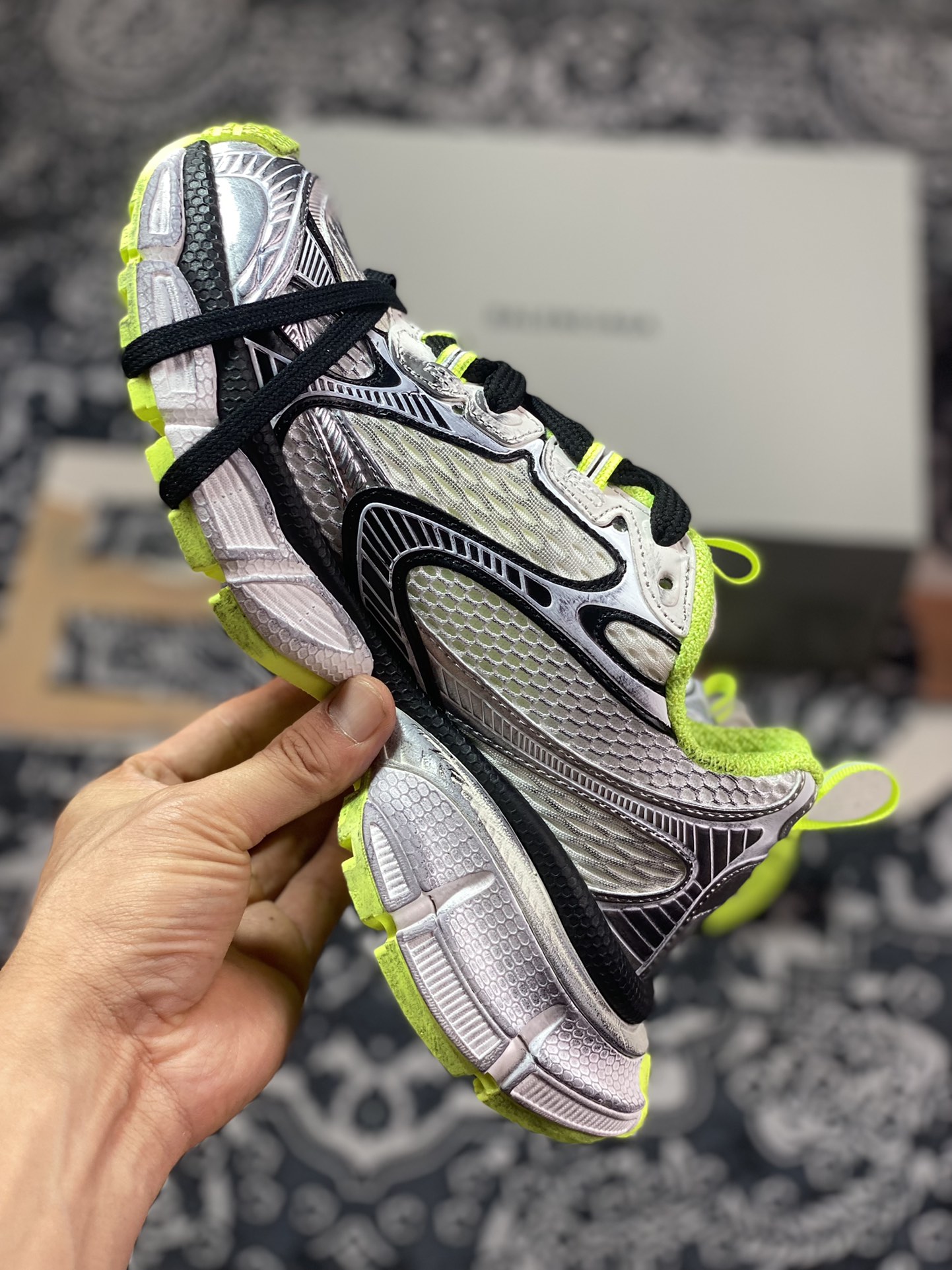 BALENCIAGA 3XL Sneakers 3+ series low-top running shoes ”net woven white silver black fluorescent green distressed” 734734 W3XL6 9031