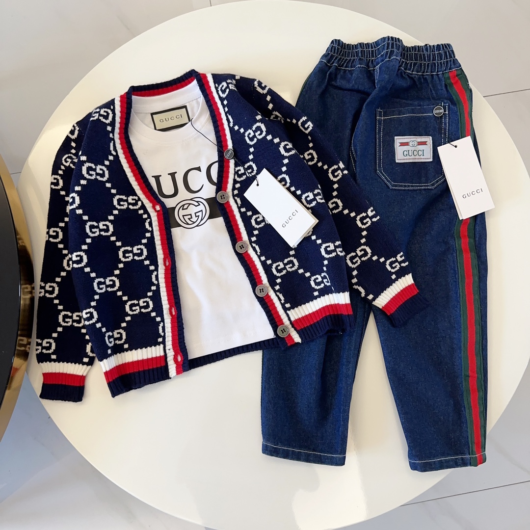 Gucci camiseta de manga larga, tallas 90-150, Gucci cárdigan de punto, tallas 100-150, Gucci jeans con cinta, tallas 10…