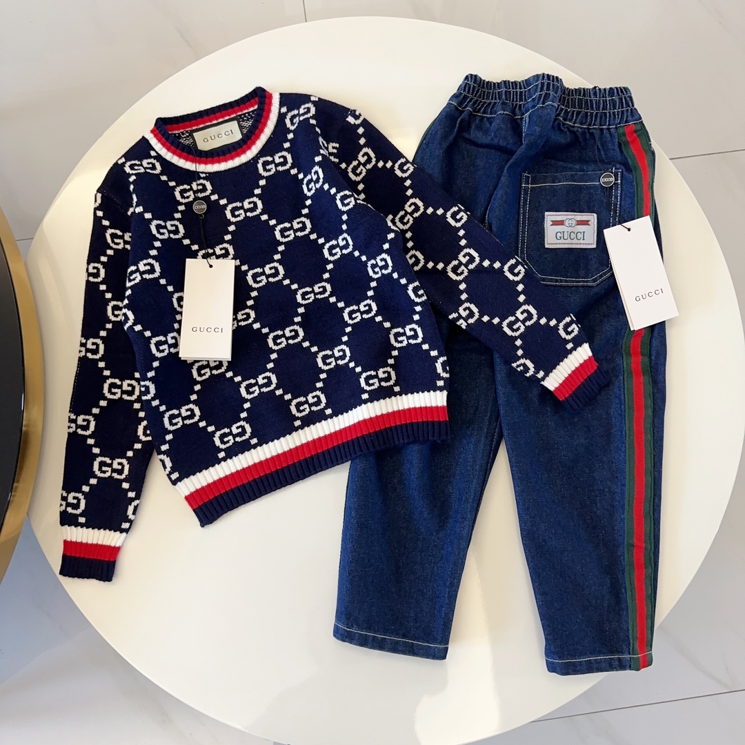 Gucci suéter de punto, tallas 100-150, Gucci jeans con cinta, tallas 100-150 (etiqueta original + marca original + bols…