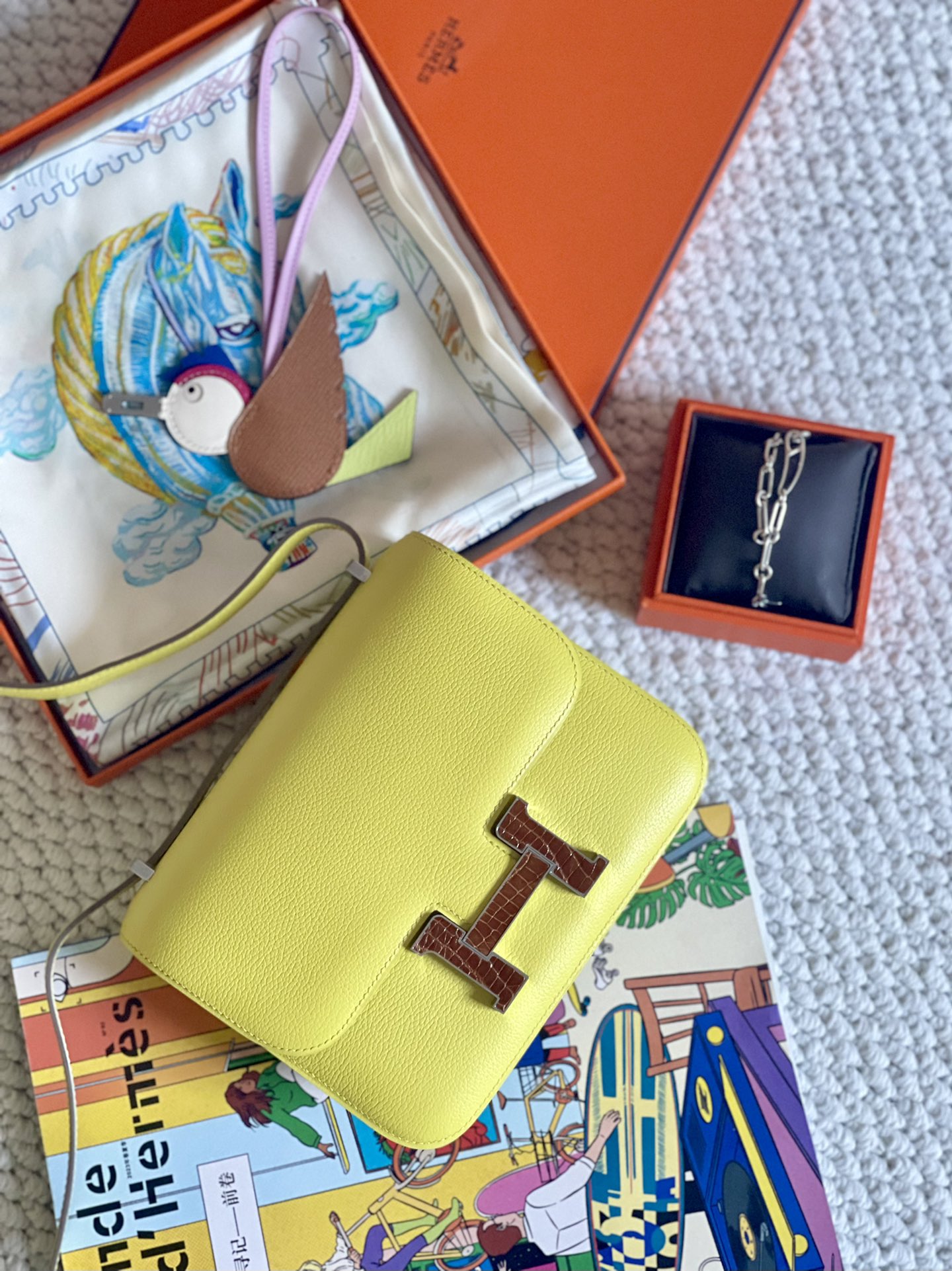 High Quality Happy Copy
 Hermes Constance Crossbody & Shoulder Bags Lemon Yellow Men Silver Hardware Ostrich Leather