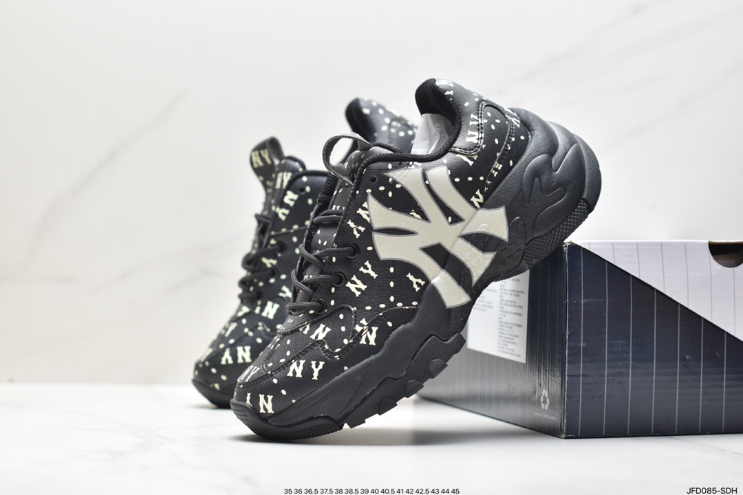 Korea Limited Release NY Yankees Limited x MLB Big Ball Chunky Mesh Thick-soled Daddy Jogging Shoes ”Mesh Ivory White Black NY Print” 3ASHMS13N (GP002C)