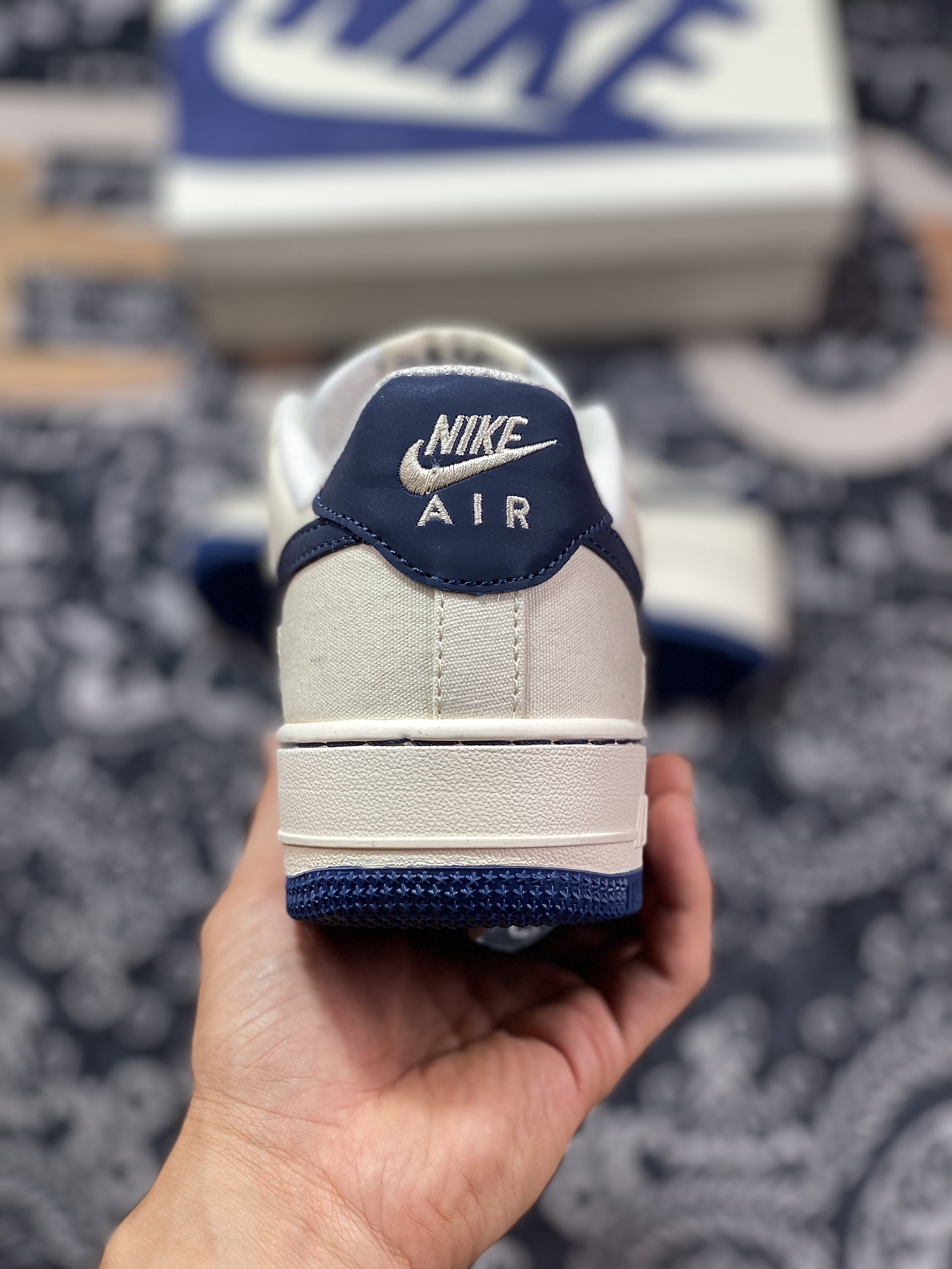 Nike Air Force 1'07 Low QS”Sail/Dark Blue/Reflection Mini Swoosh” Air Force One Sneakers ”Canvas Off-White Dark Blue Reflective Small Swoosh” ME0112-566