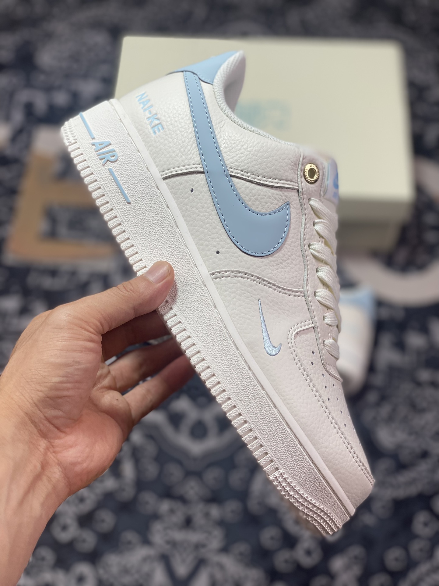 240  Nike Air Force 1‘07”NAI-KE/Beige/Light Blue“空军一号板鞋“NAIKE米白浅蓝小钩”NK0621-933