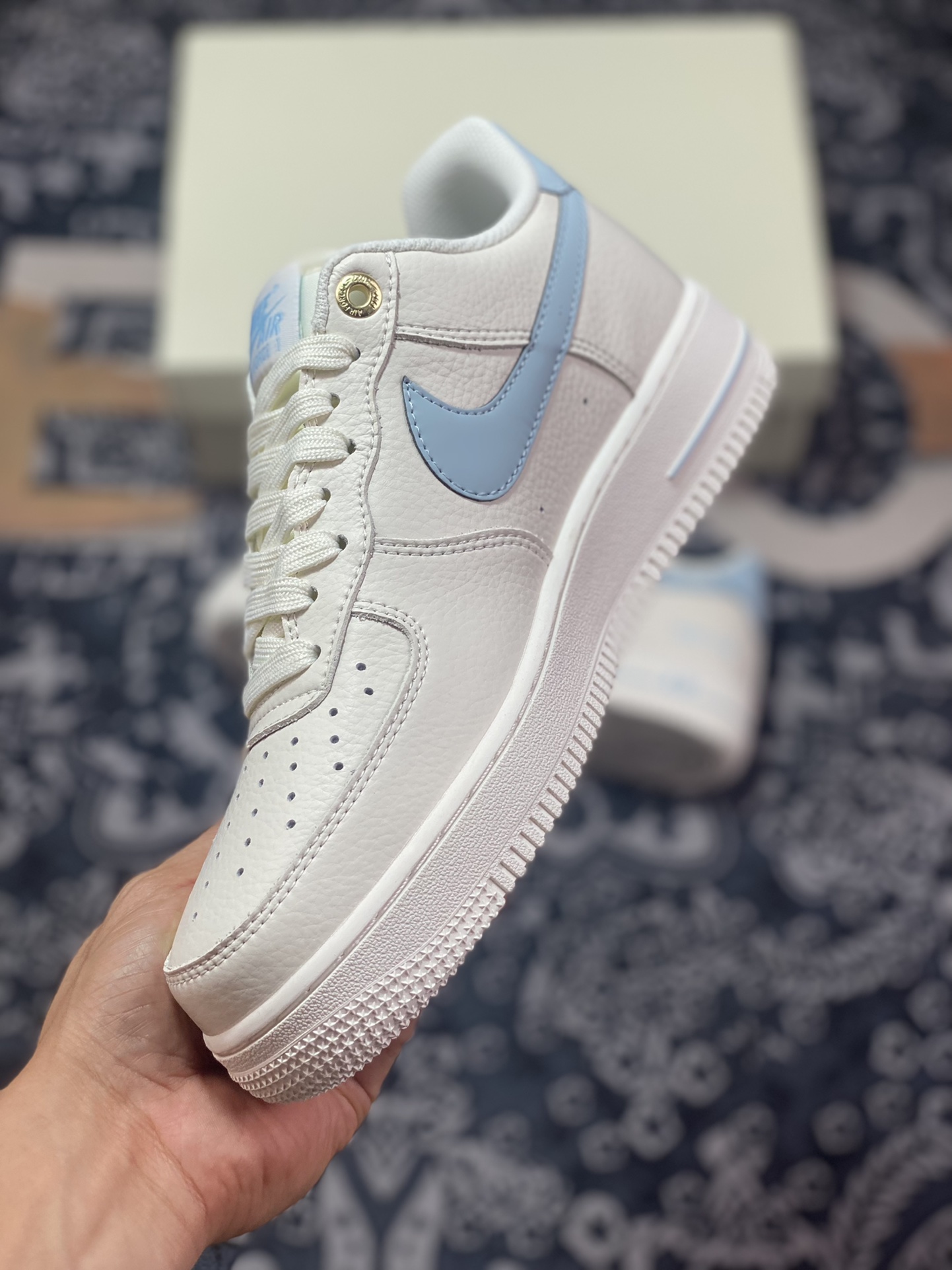 Nike Air Force 1'07”NAI-KE/Beige/Light Blue” Air Force One Sneakers ”NAIKE Beige Light Blue Hook” NK0621-933