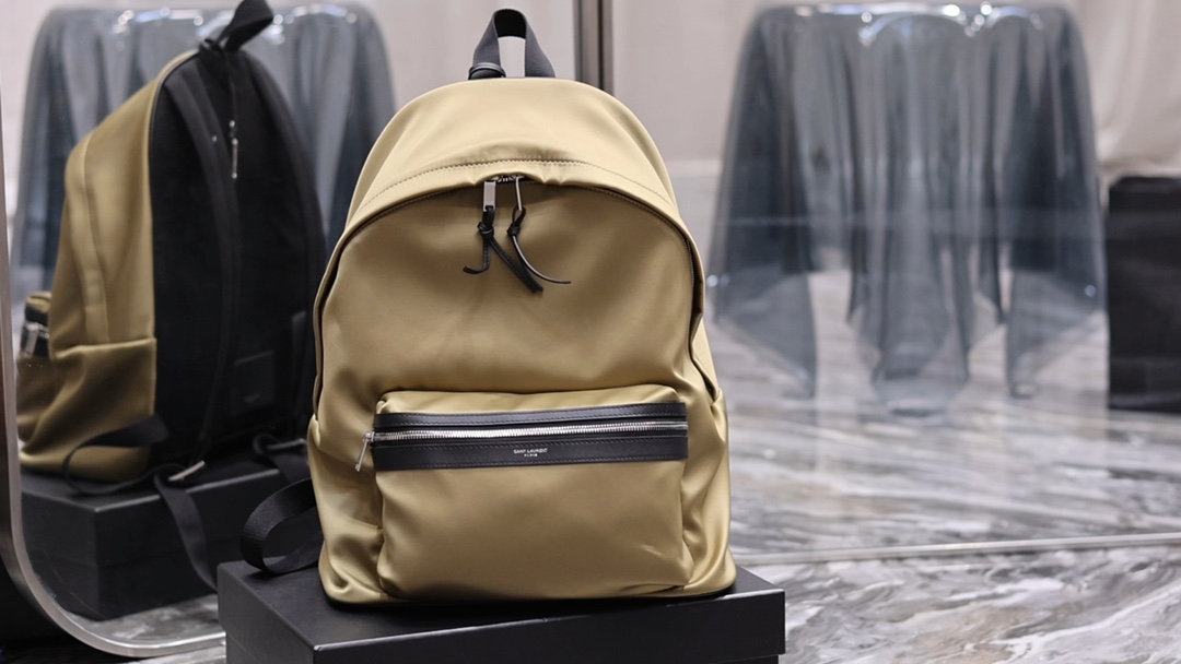 Backpack Khaki silk fabric with cowhide Real shot video in stock
