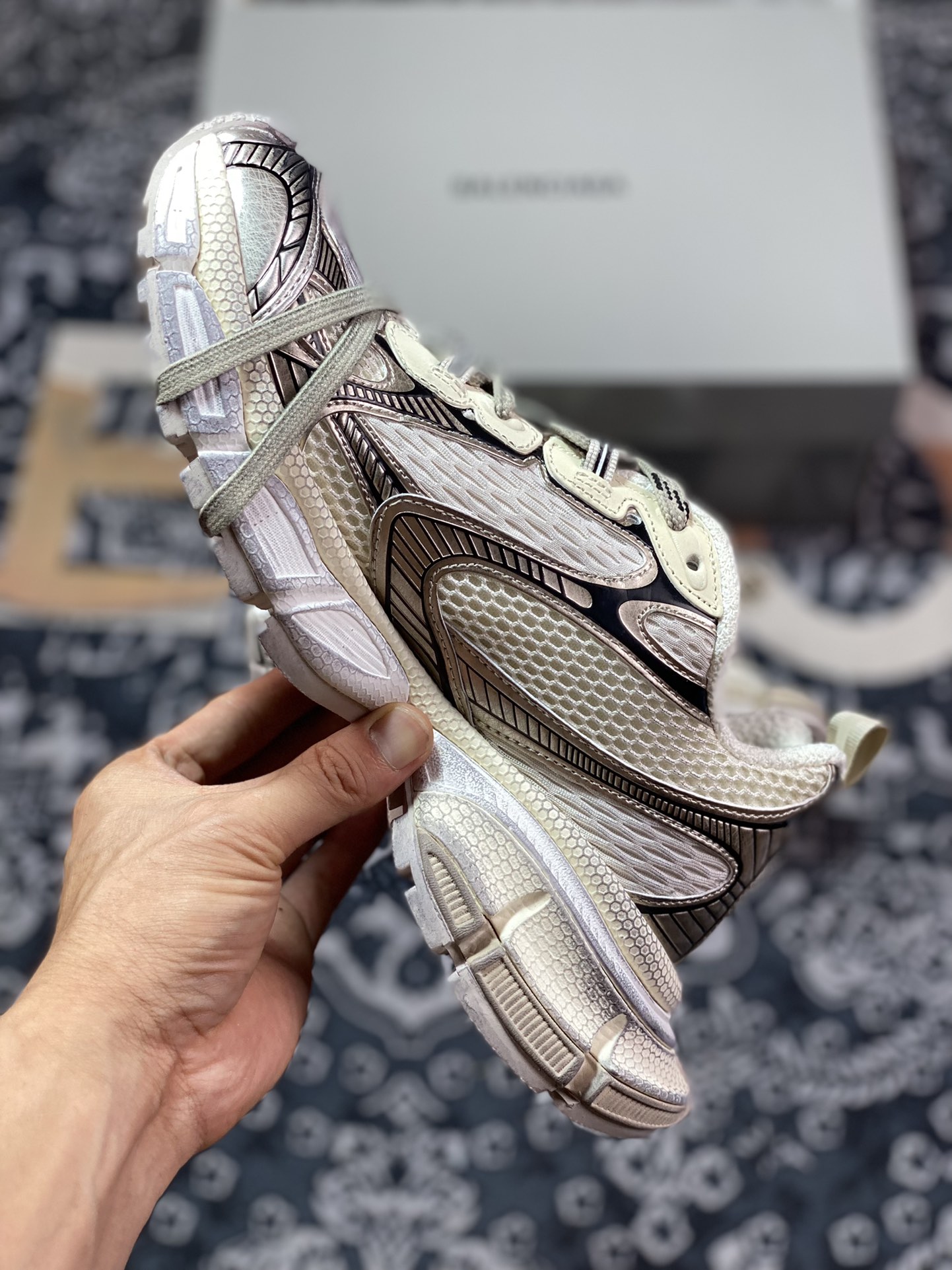 BALENCIAGA 3XL Sneakers 3+ series low-top jogging shoes ”net milky white rose gold distressed” 734731 W1XL5 0185