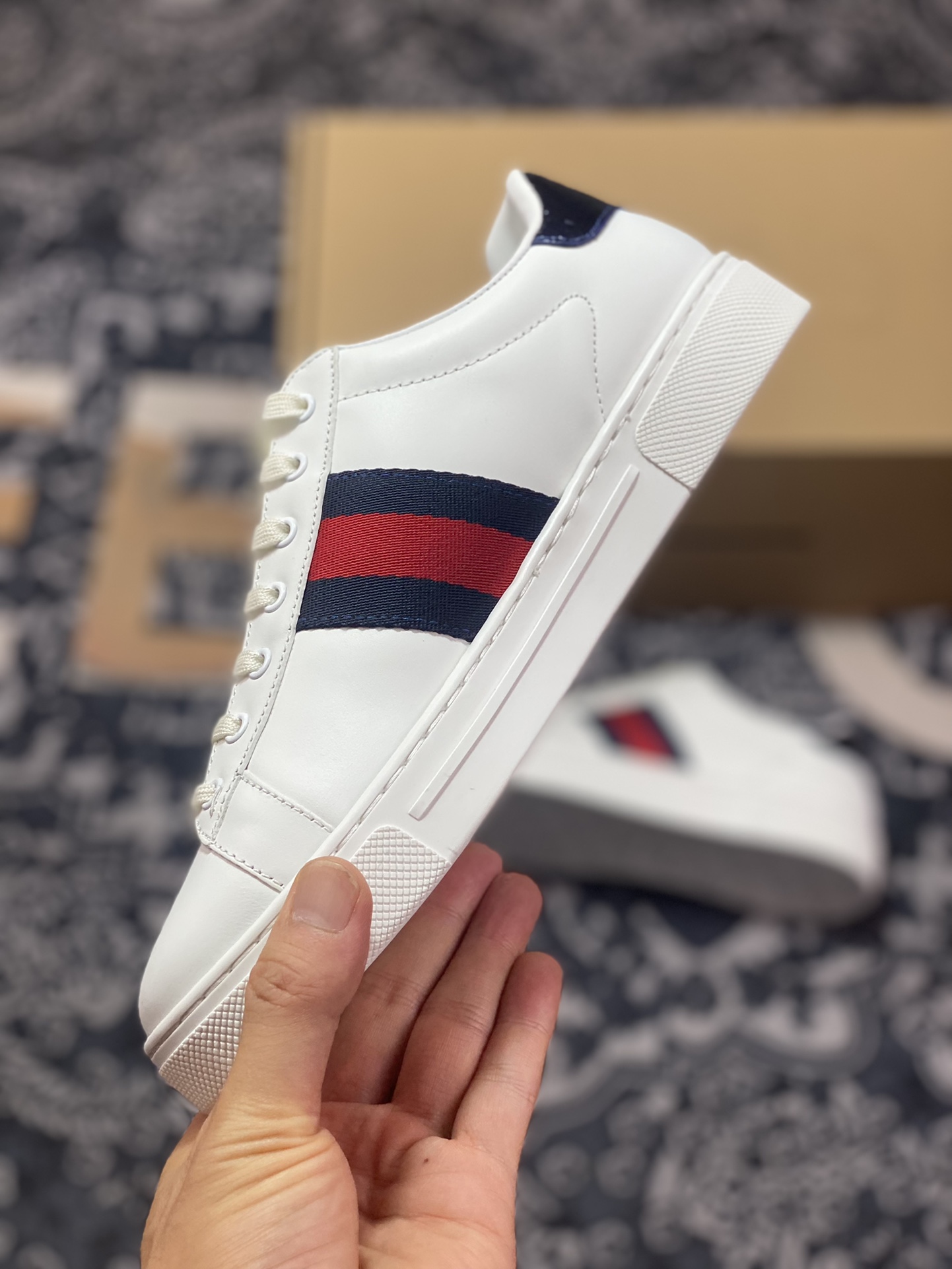 Gucci 1970 ACE Low Sneaker series low-top retro versatile casual sports white sneakers ”leather white red dark blue ribbon snake tail” 747953 AAB8C 9112