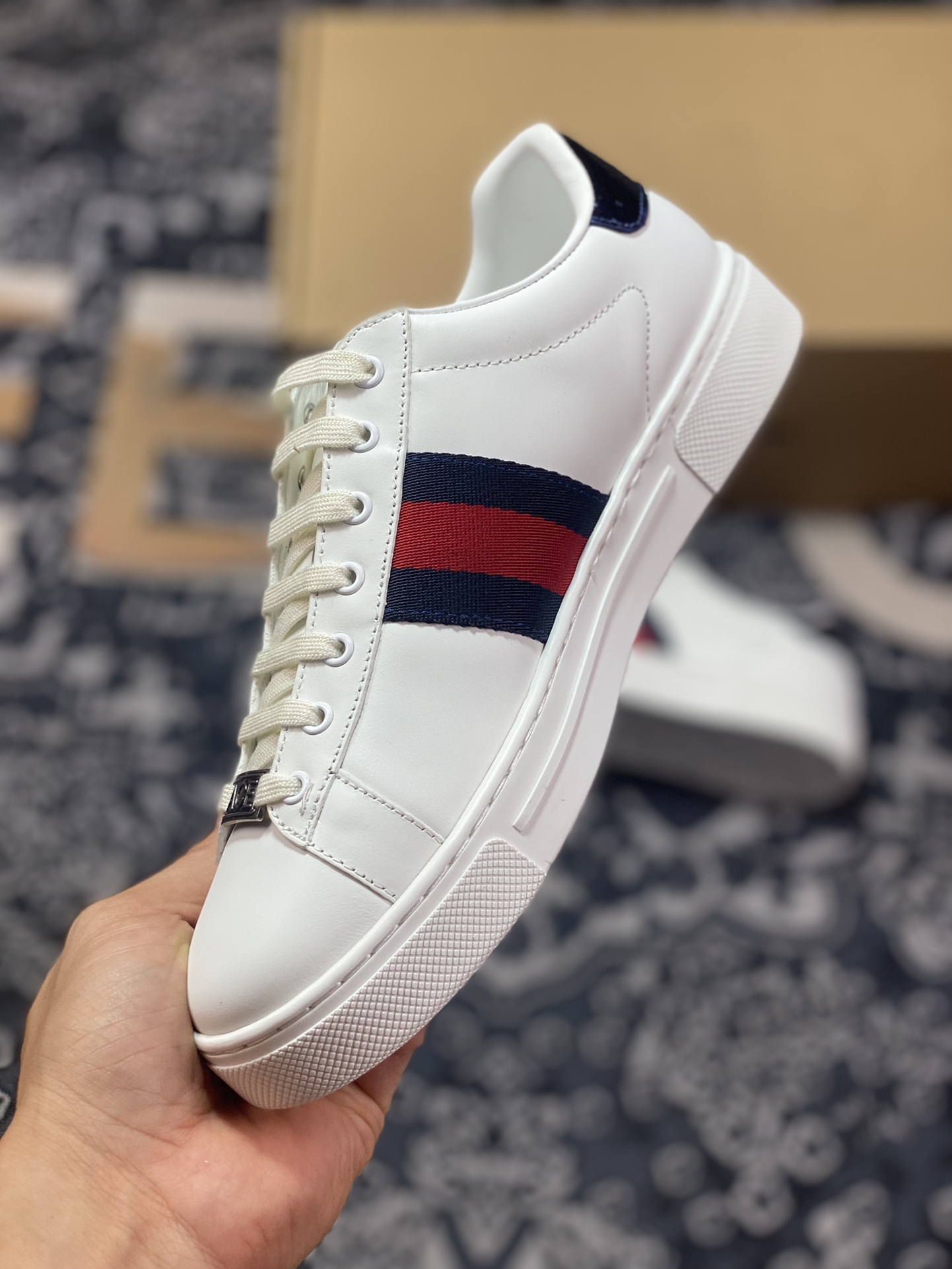 Gucci 1970 ACE Low Sneaker series low-top retro versatile casual sports white sneakers ”leather white red dark blue ribbon snake tail” 747953 AAB8C 9112