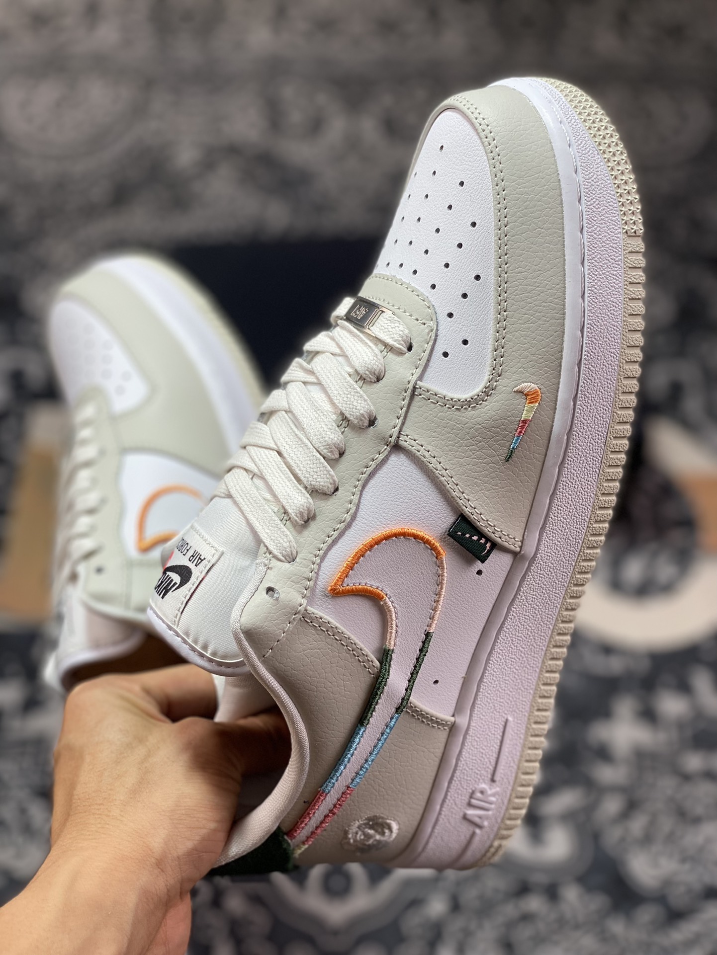 Nike Air Force 1'07 Low”All Petals United” Air Force One Sneakers ”Gray and White Embroidered Rose Colored Piping” FN8924-111