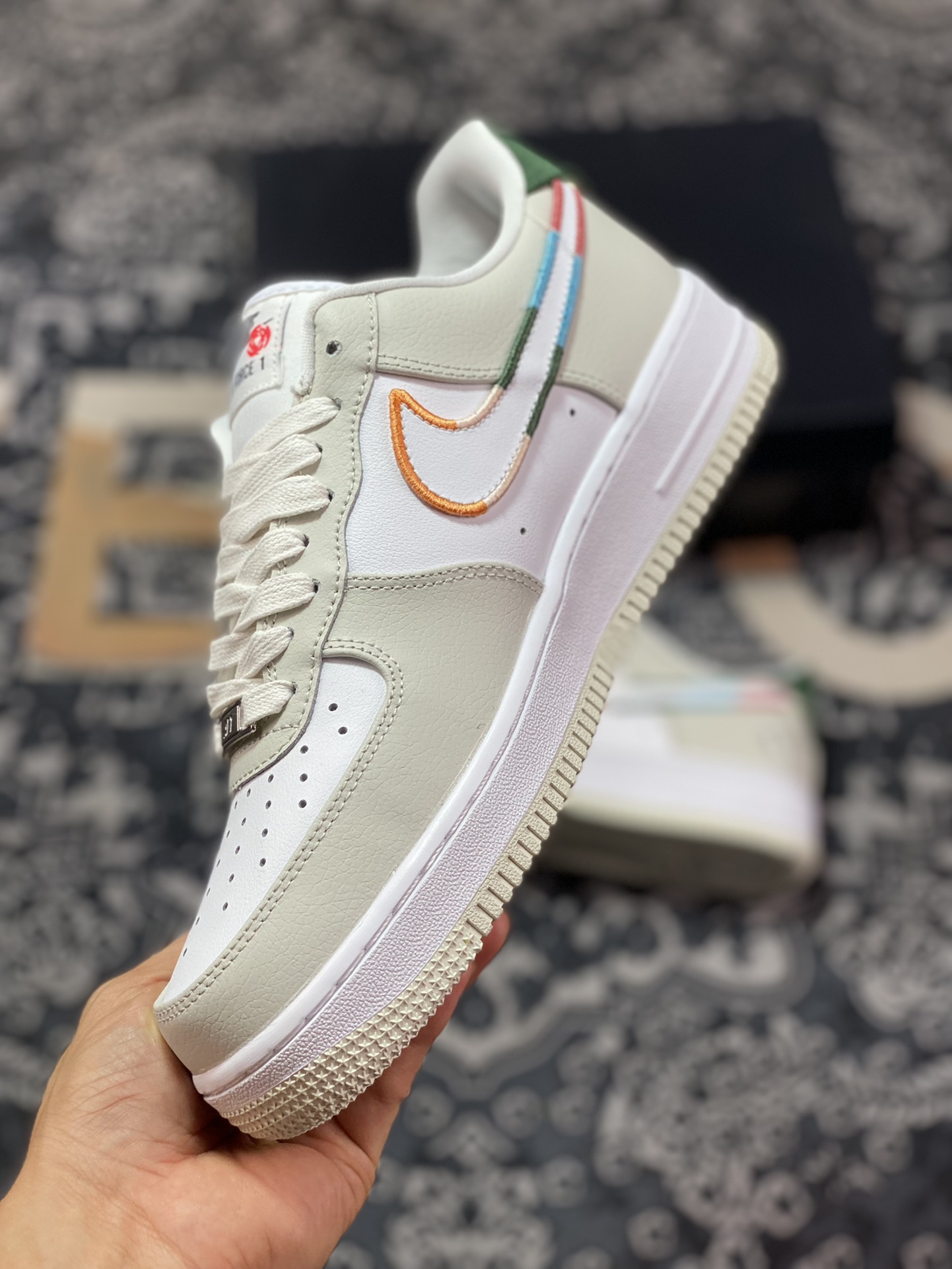 Nike Air Force 1'07 Low”All Petals United” Air Force One Sneakers ”Gray and White Embroidered Rose Colored Piping” FN8924-111