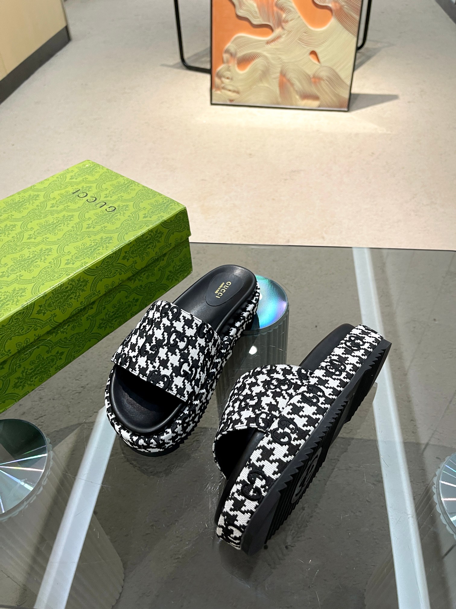 Gucci Houndstooth Print Platform Slides,Luxury Women's Sandals 8 a1691585084714 4825
